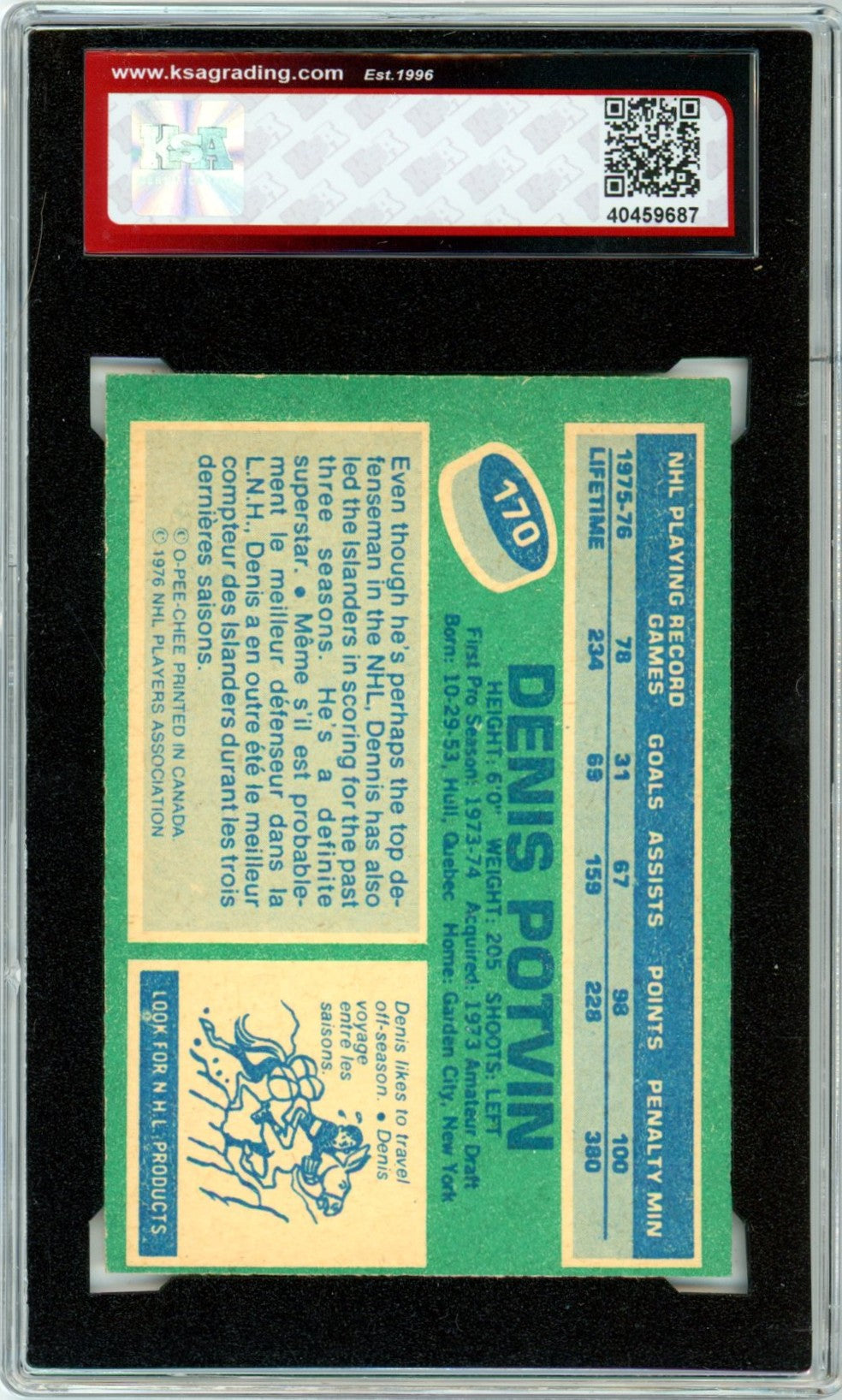 1976/77 OPC O-Pee-Chee Denis Potvin All Star #170 Graded Hockey Card KSA 8