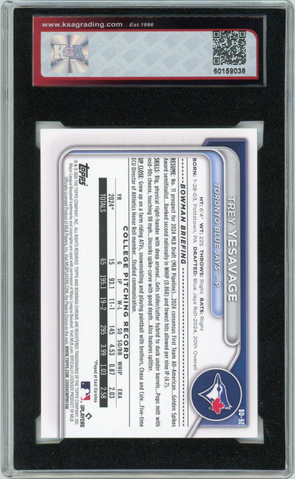 2024 1st Bowman Draft Trey Yesavage Graded Rookie Card #BD-92 KSA 8