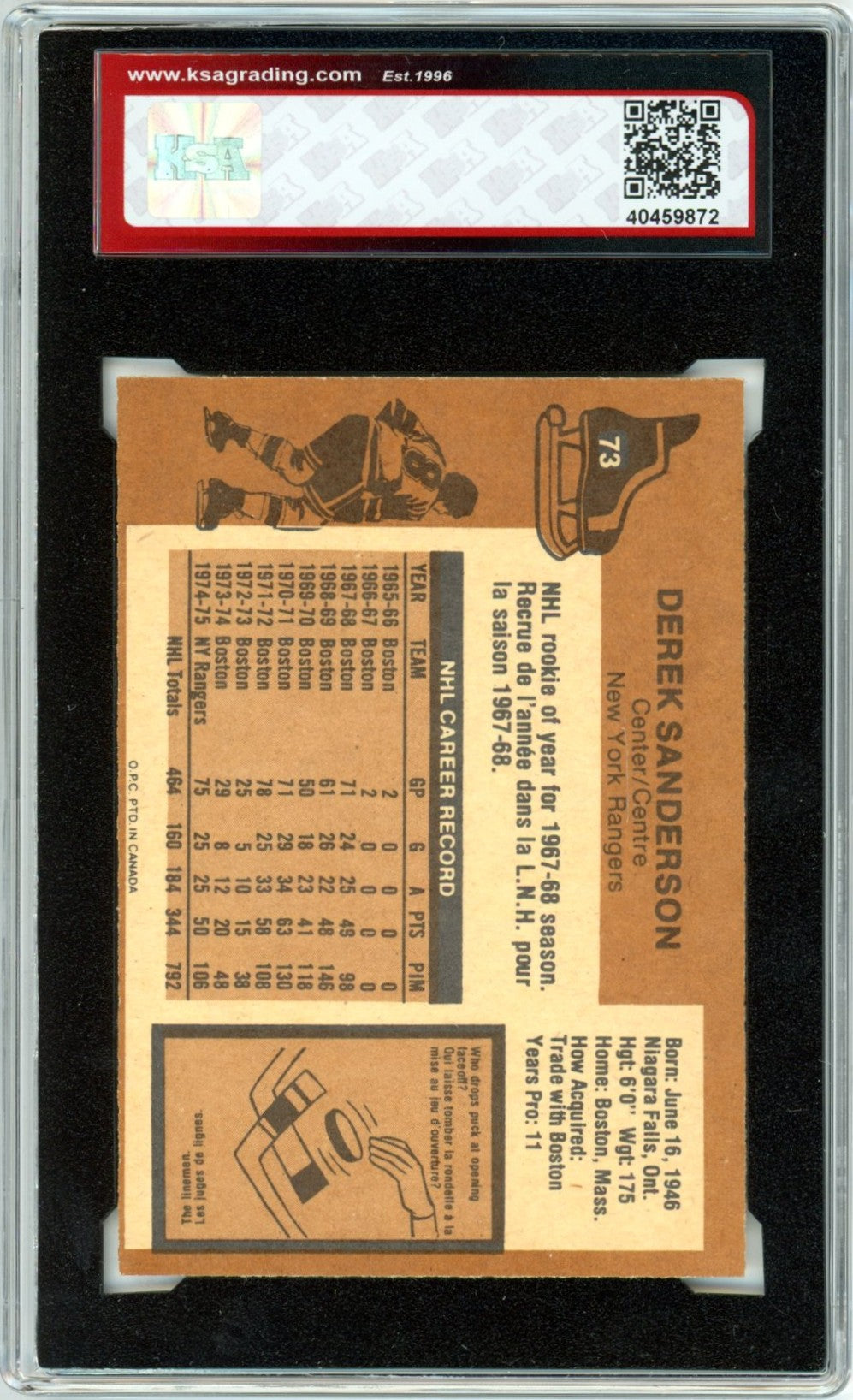 1975/76 OPC O-Pee-Chee Derek Sanderson #73 Graded Hockey Card KSA 8