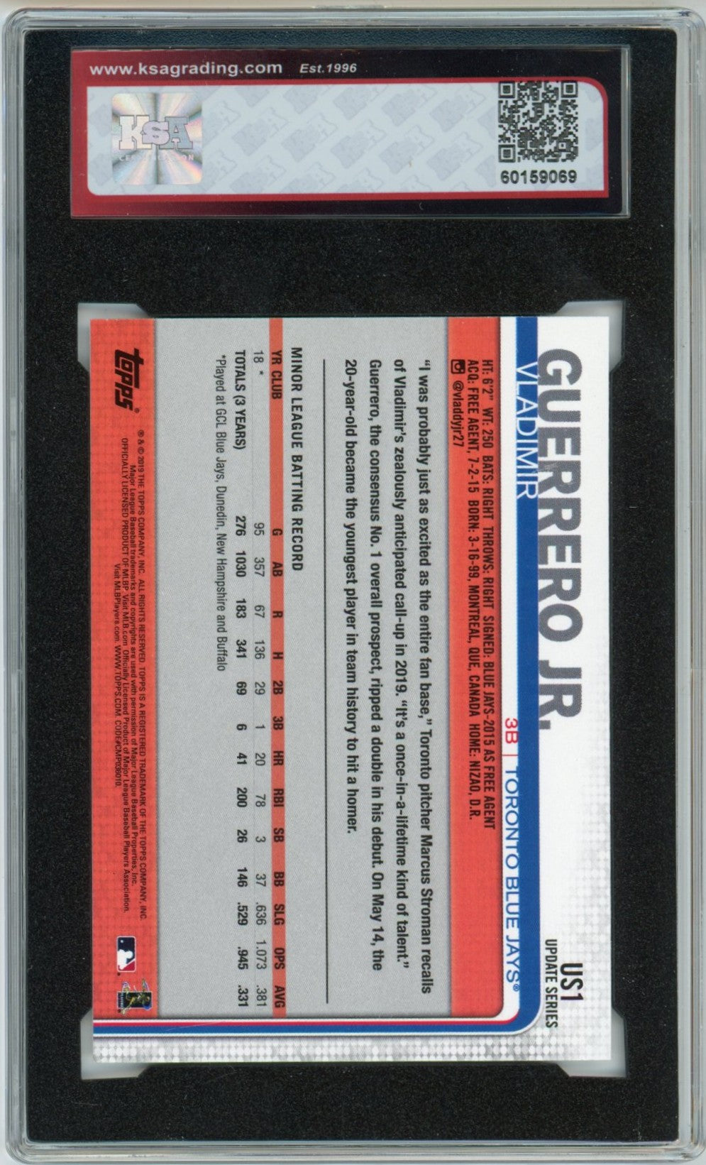 2019 Topps Update Vladimir Guerrero Jr. Graded Rookie Card #US1 KSA 9.5