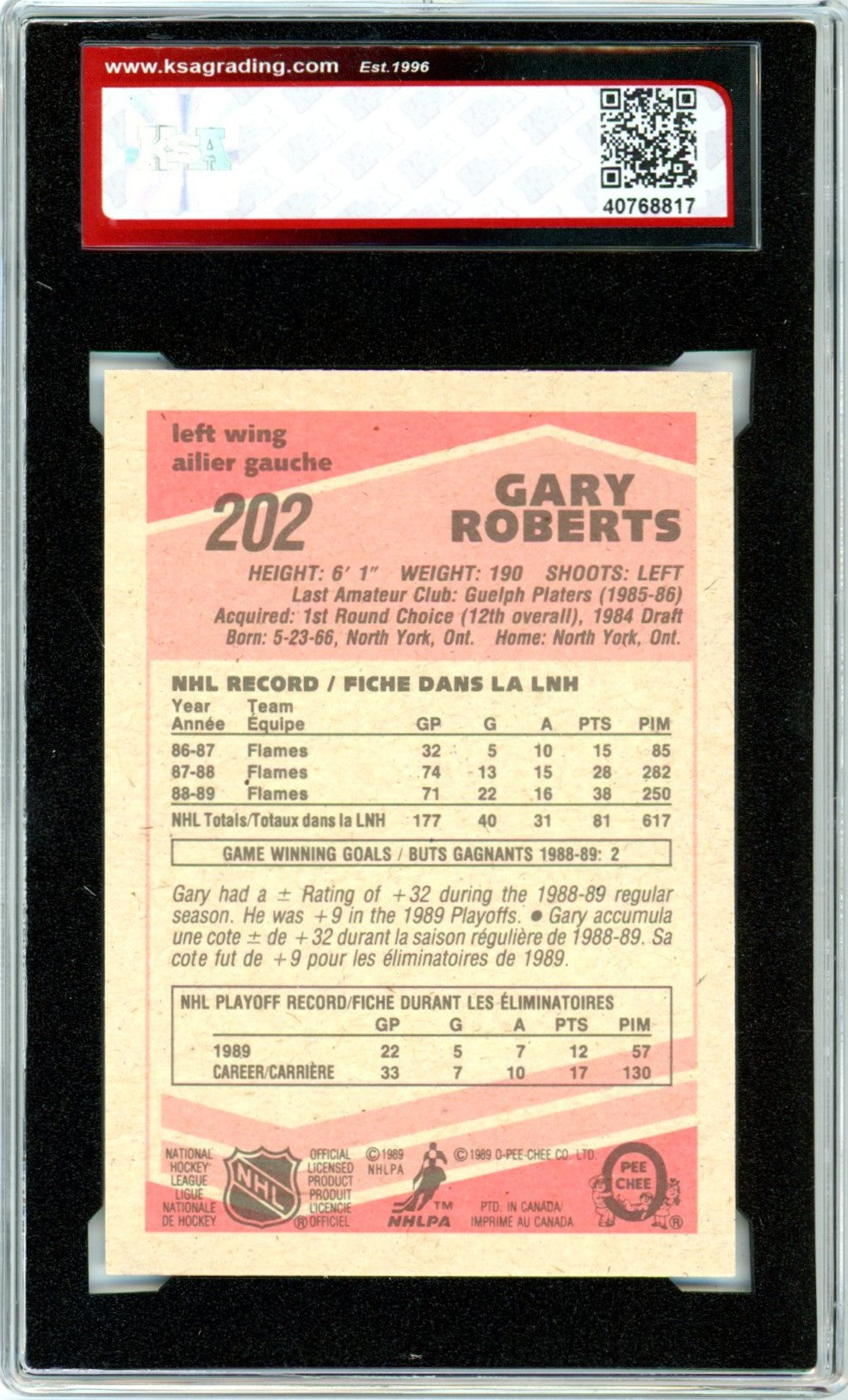 1989/90 OPC O-Pee-Chee Gary Roberts #202 Graded Rookie Card KSA 10