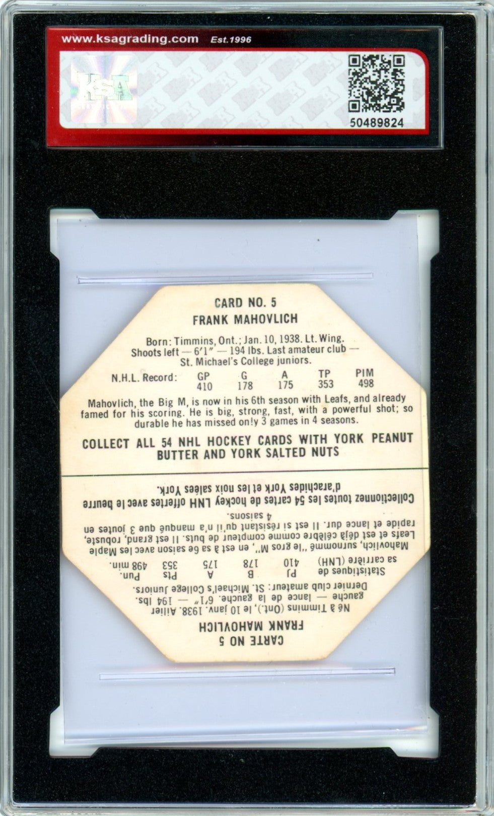1963/64 York Frank Mahovlich #5 Graded Autograph Card KSA Authentic AUTO 9