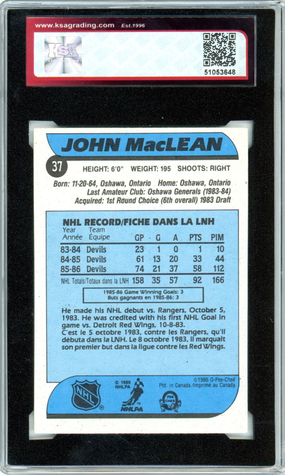 1986/87 OPC O-Pee-Chee John MacLean #37 Graded Autograph Card KSA Authentic AUTO 9