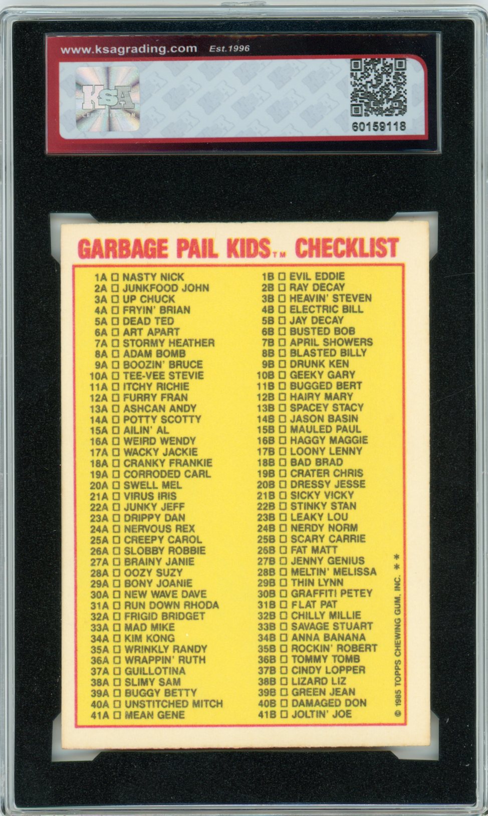 1985 Garbage Pail Kids Blasted Billy Sticker Card Checklist #8b KSA 5
