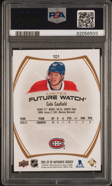 2021 SP Authentic Cole Caufield Limited Gold Future Watch Rookie Card /99 #101 PSA 10