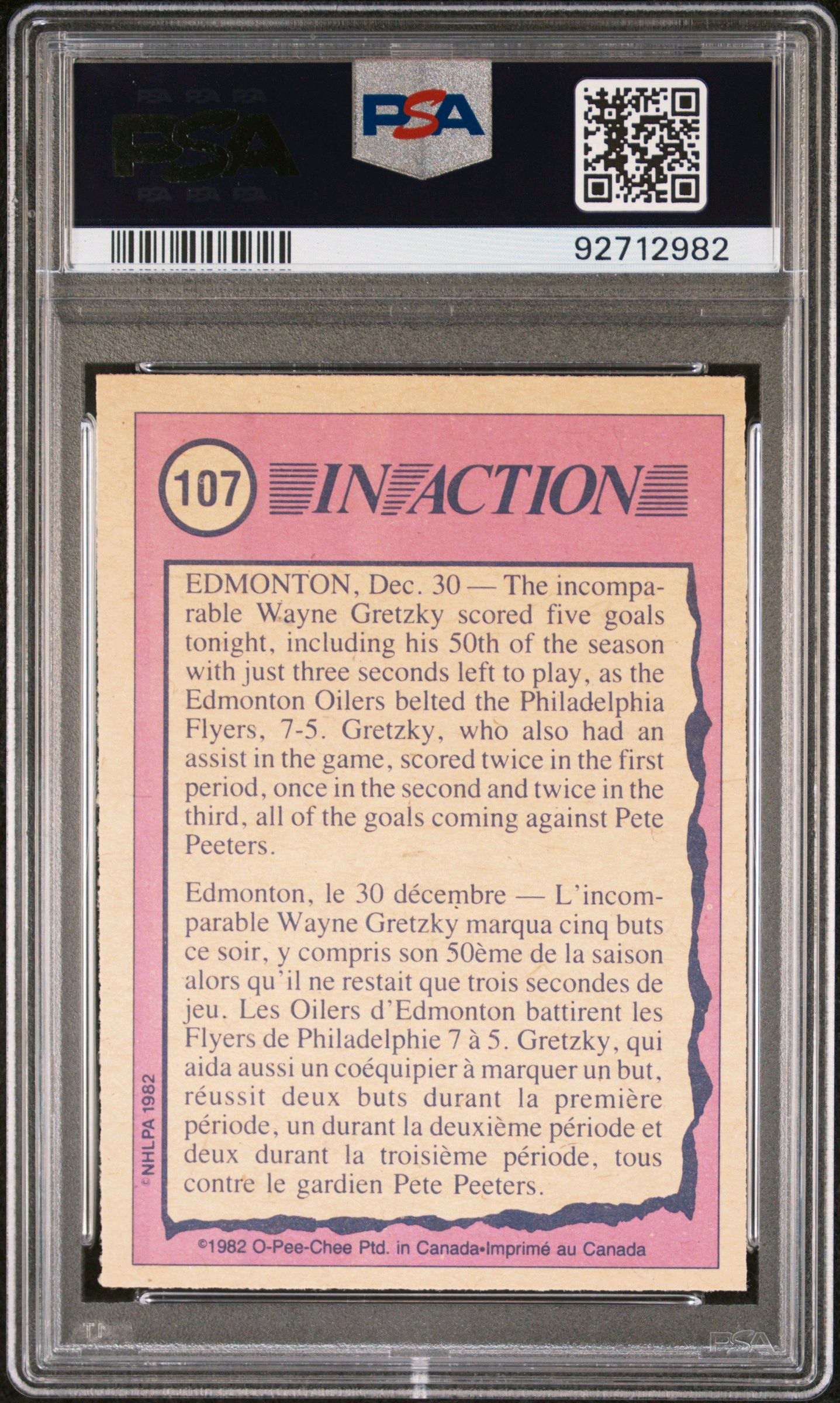 1982/83 OPC O-Pee-Chee Wayne Gretzky In Action Card #107 PSA 8 HOF