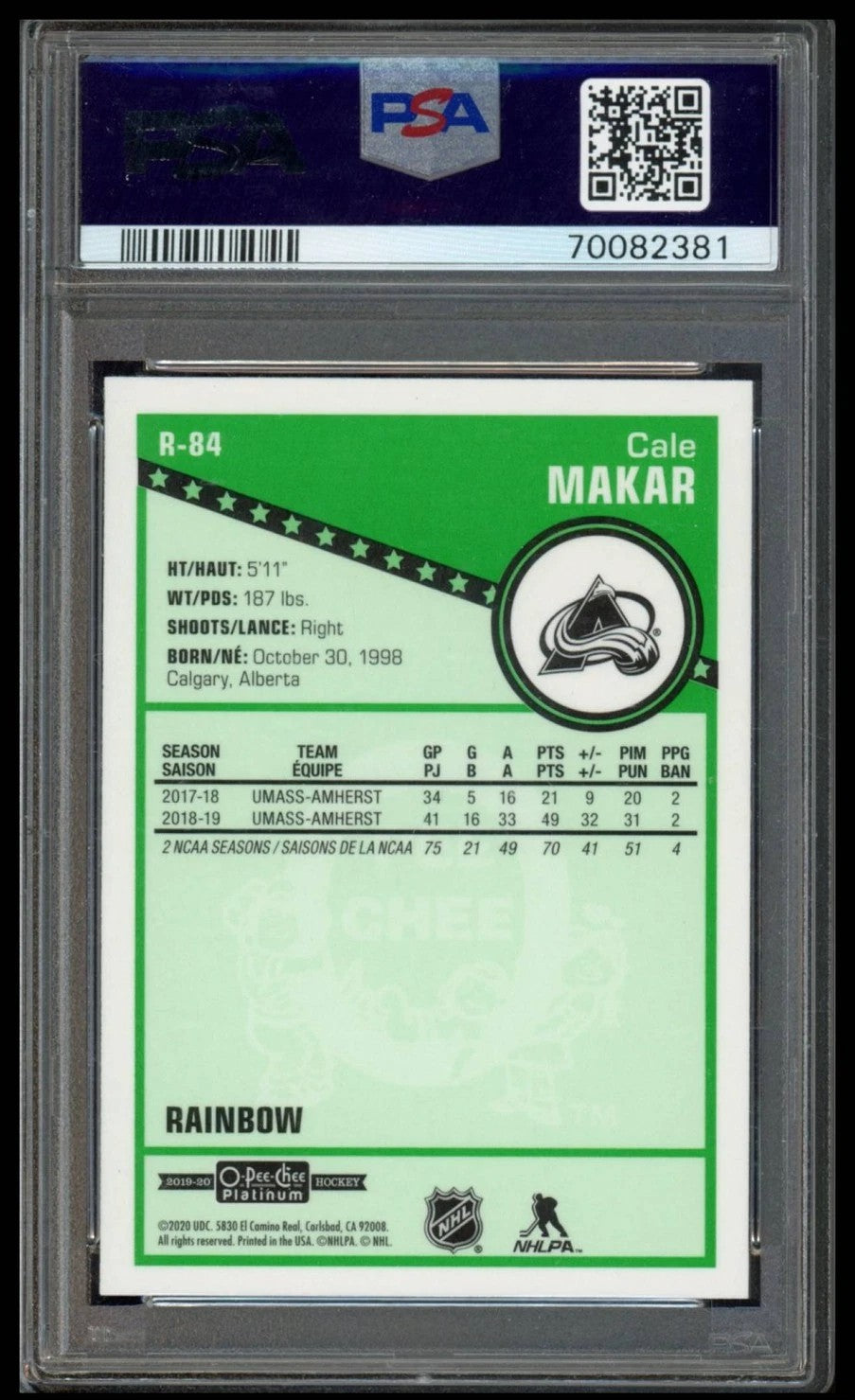 2019 OPC O-Pee-Chee Platinum Cale Makar Retro Rainbow Graded Rookie Card #R-84 PSA 9