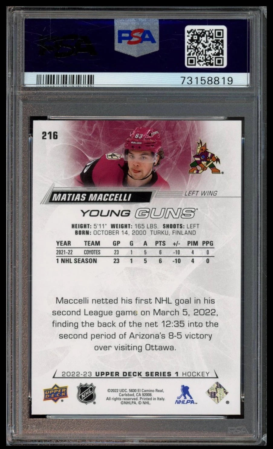 2022 Upper Deck Matias Maccelli Young Guns Graded Rookie Card #216 PSA 10