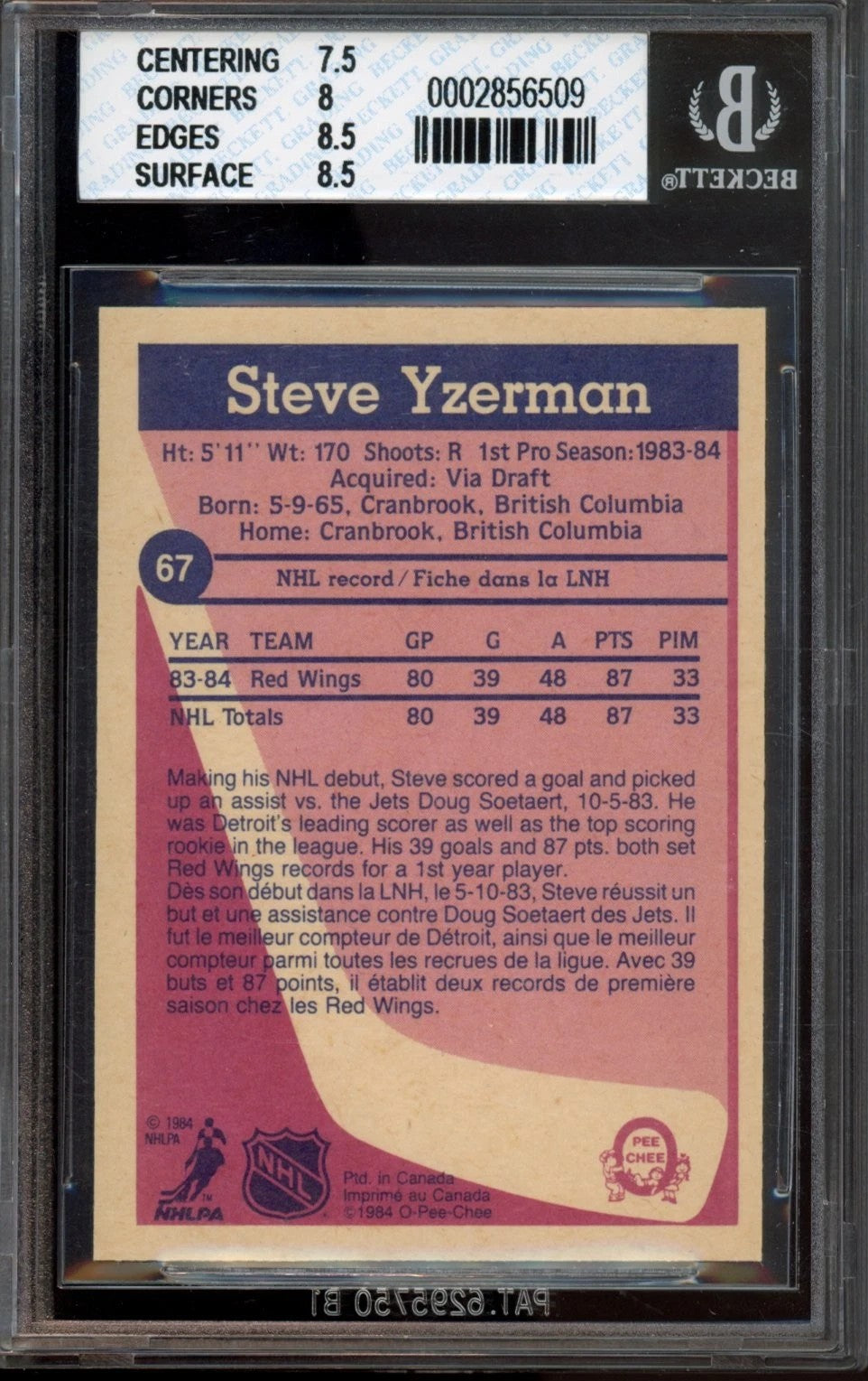 1984 OPC O-Pee-Chee Steve Yzerman Graded Rookie Card #67 BGS 8