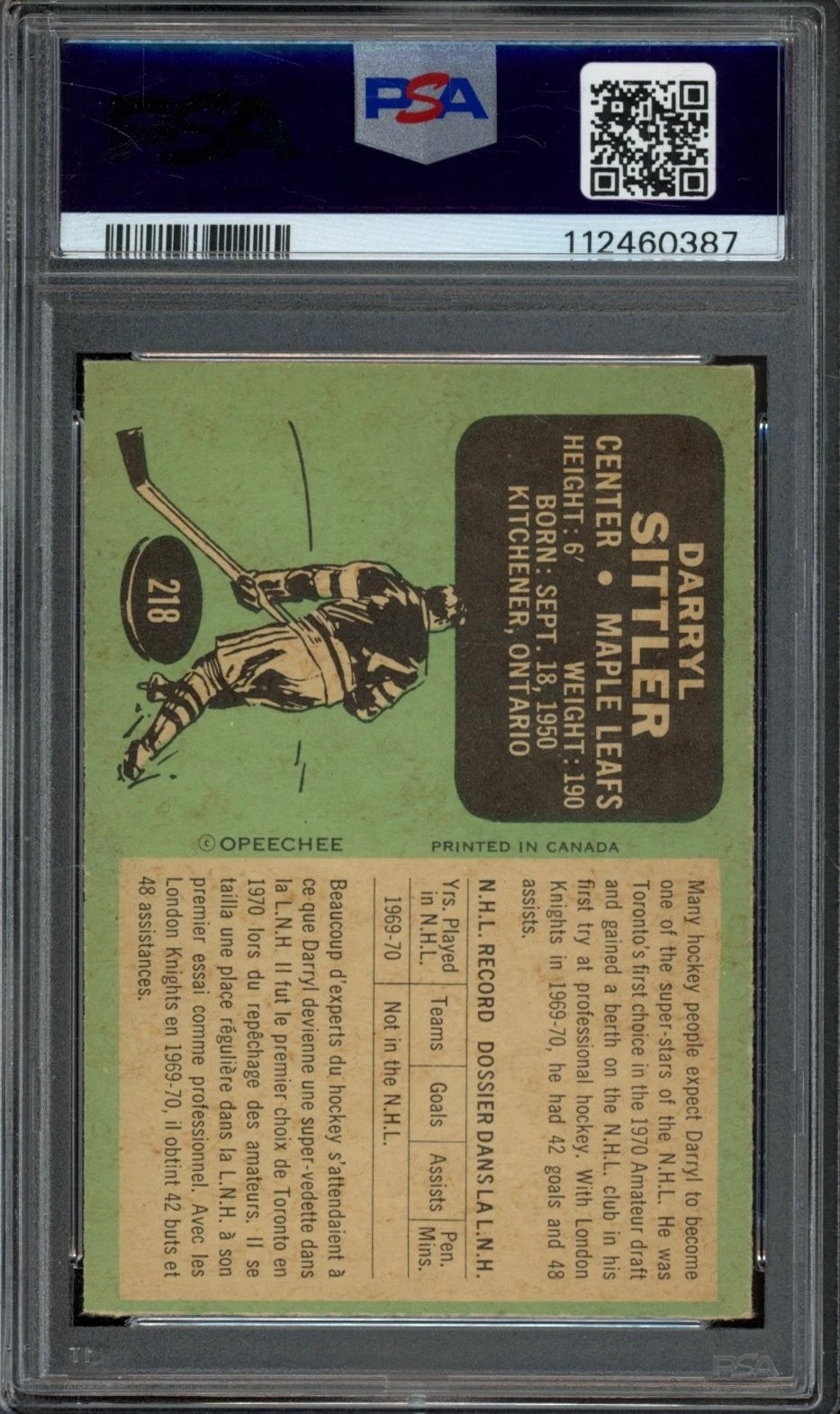 1970 OPC O-Pee-Chee Darryl Sittler Graded Rookie Card #218 PSA 4