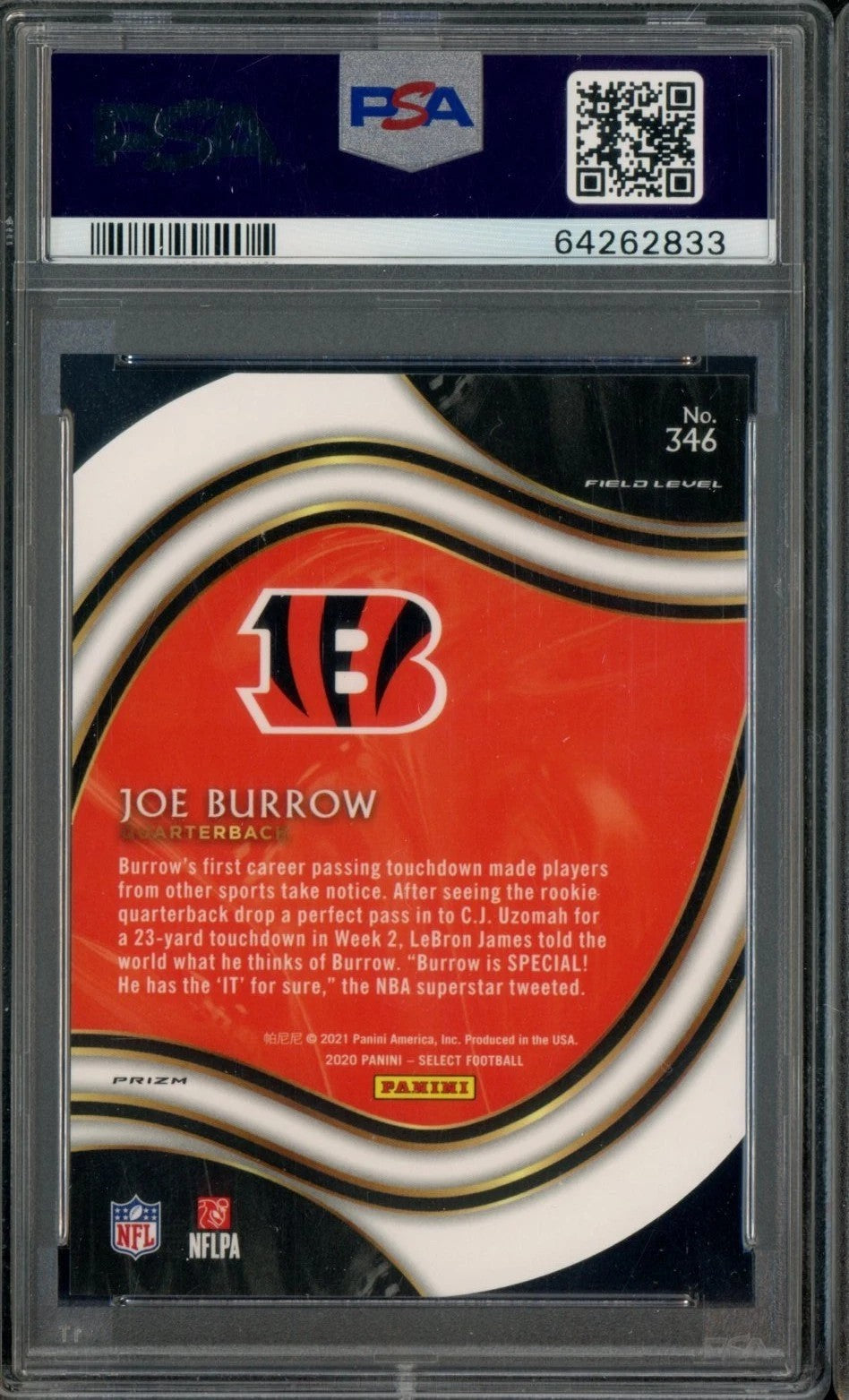 2020 Panini Select Joe Burrow Die-Cut Neon Green Prizm Rookie Card #346 PSA 10