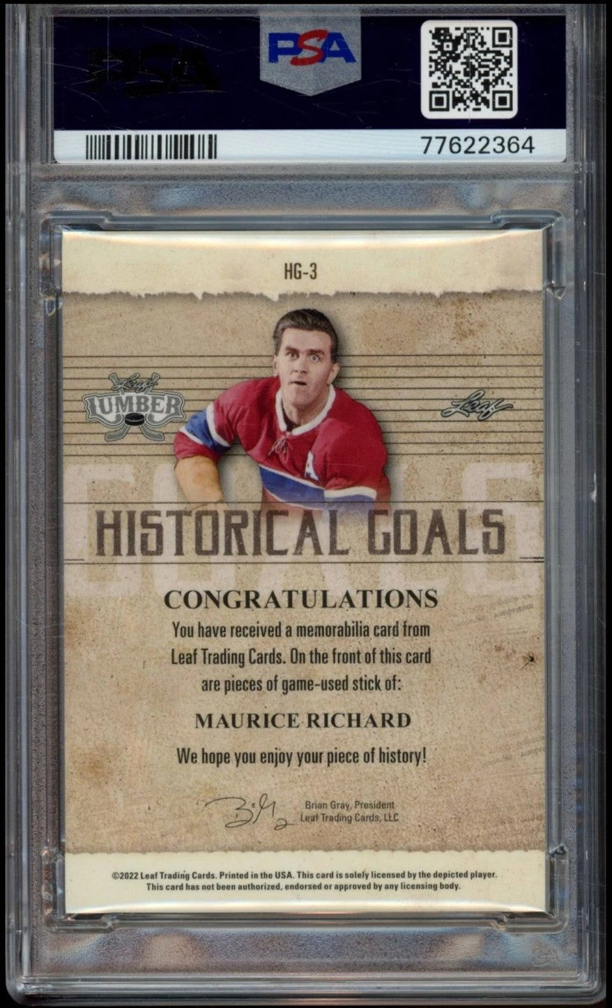 2021 Leaf Lumber Maurice Richard Historical Goals 1/5 Card #HG3 PSA 10 POP 1
