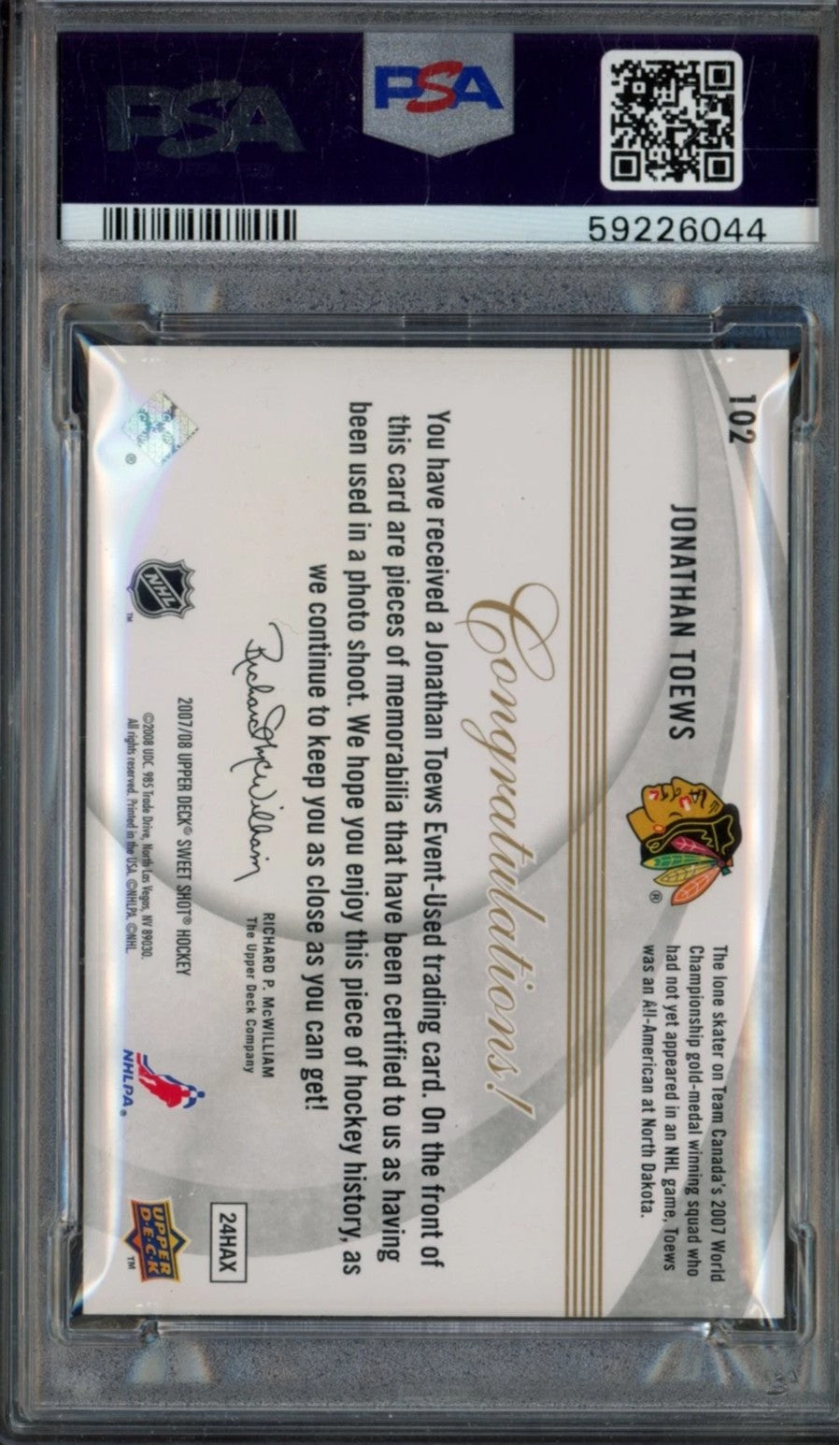 2007 Upper Deck Sweet Shot Jonathan Toews Jersey Graded Rookie Card #102 PSA 9 /599