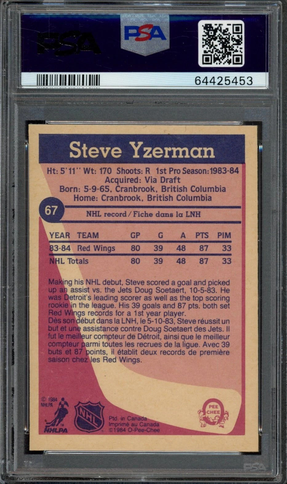 1984 OPC O-Pee-Chee Steve Yzerman Graded Rookie Card #67 PSA 6