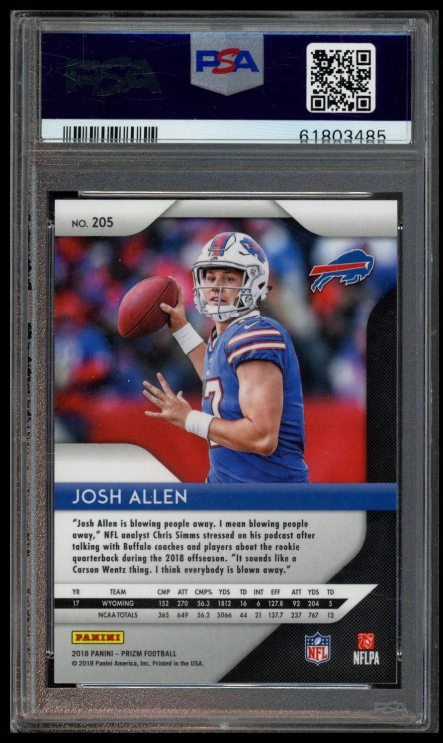 2018 Panini Prism Josh Allen Graded Rookie Card #205 PSA 9