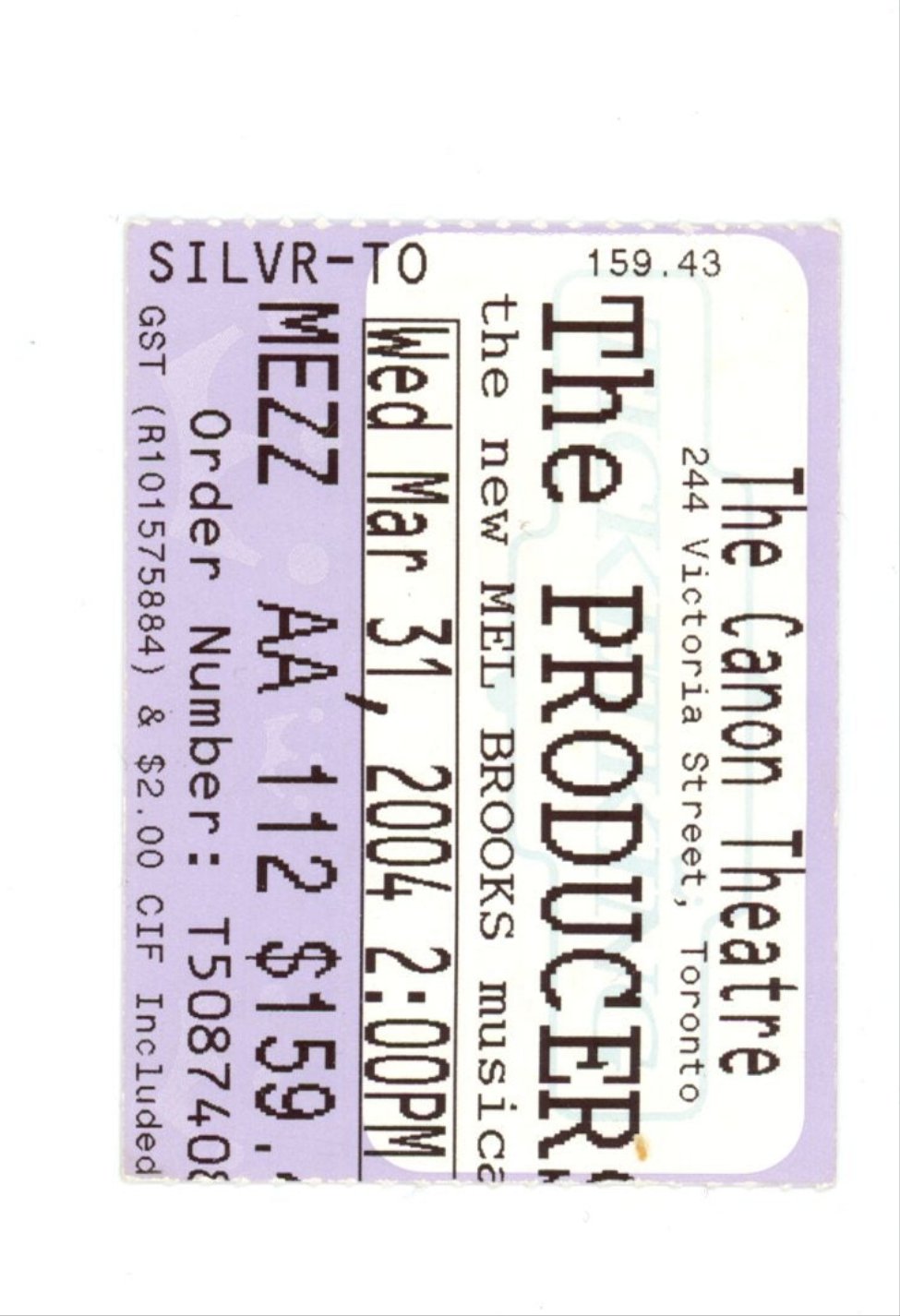The Producer Vintage Concert Ticket Stub Canon Theatre (Toronto, 2004)