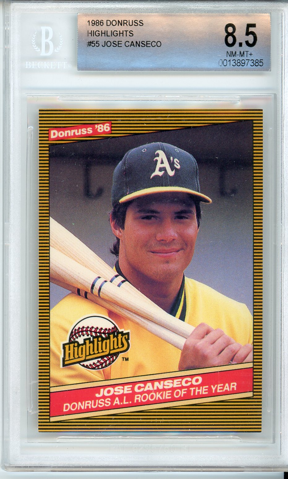 1986 Donruss Highlights #55 Jose Canseco Baseball Card - Donruss AL Rookie  of the Year