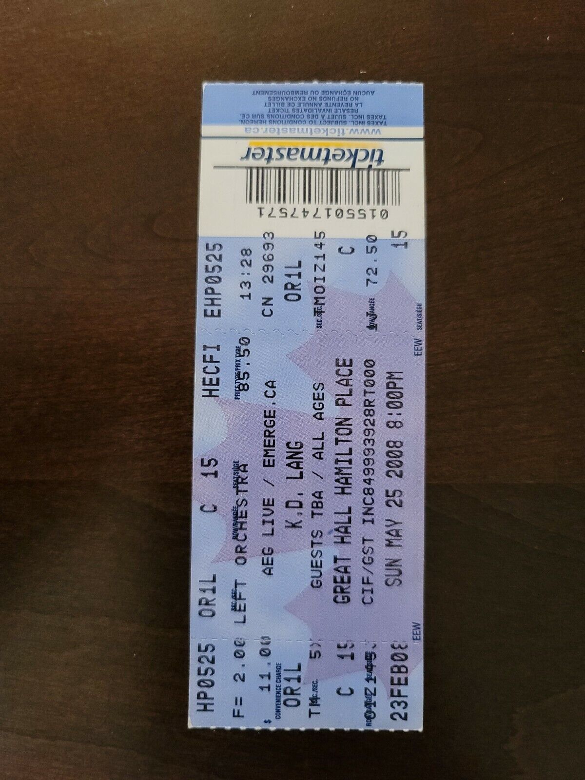 KD Lang 2008, Great Hall Hamilton Place Original Concert Ticket