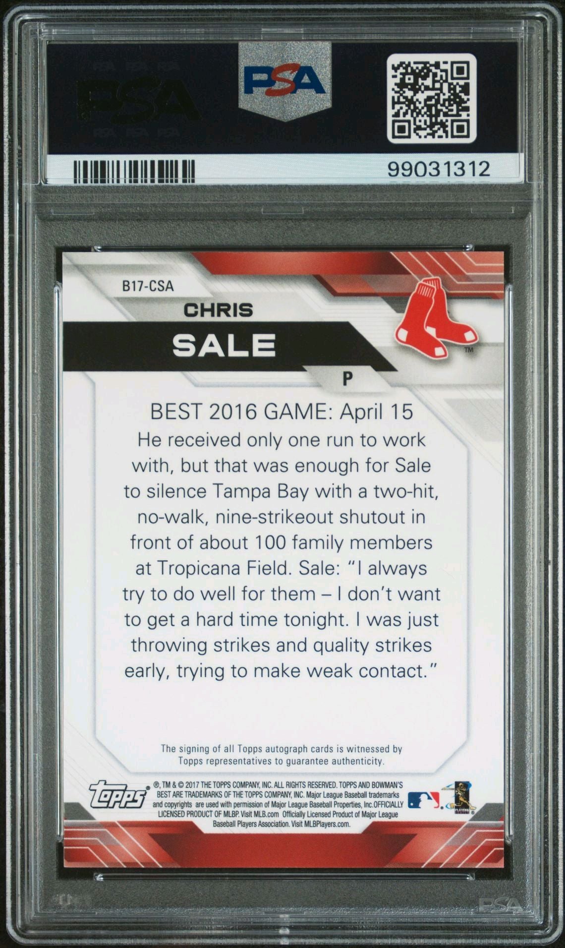 2017 Bowman's Best Chris Sale #B17CSA Graded Autograph Card /50 PSA 10 / 10 Auto POP 1