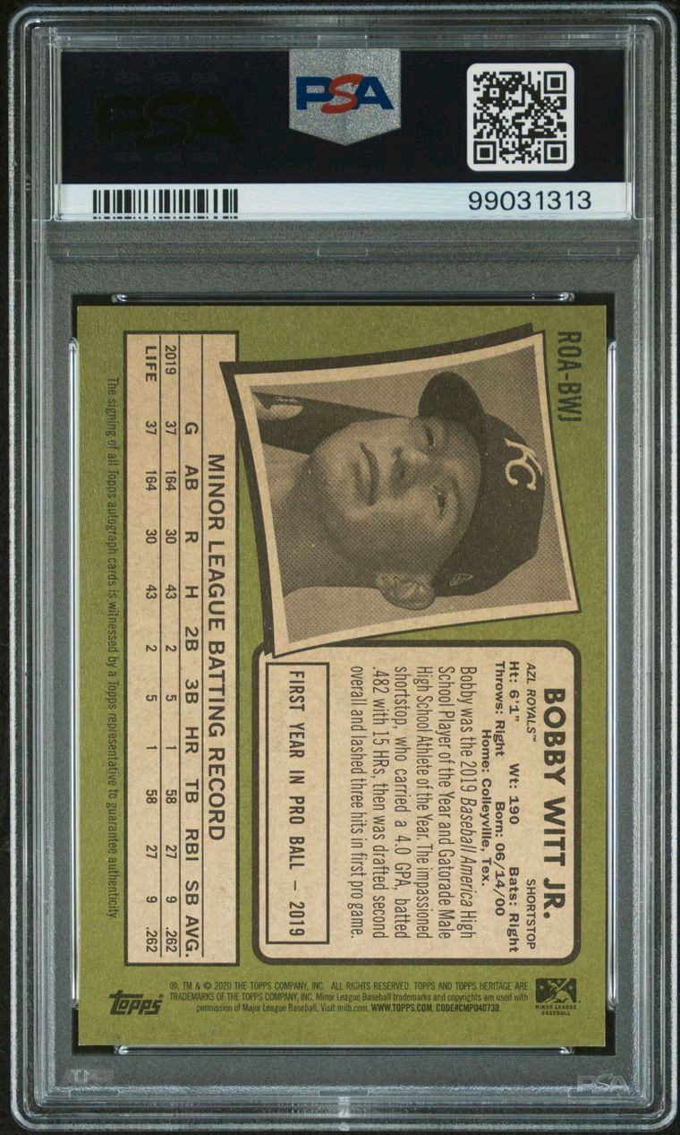 2020 Topps Heritage Bobby Witt Jr. #BWJ Rookie Autograph Card /50 PSA 10 / PSA 10 Auto