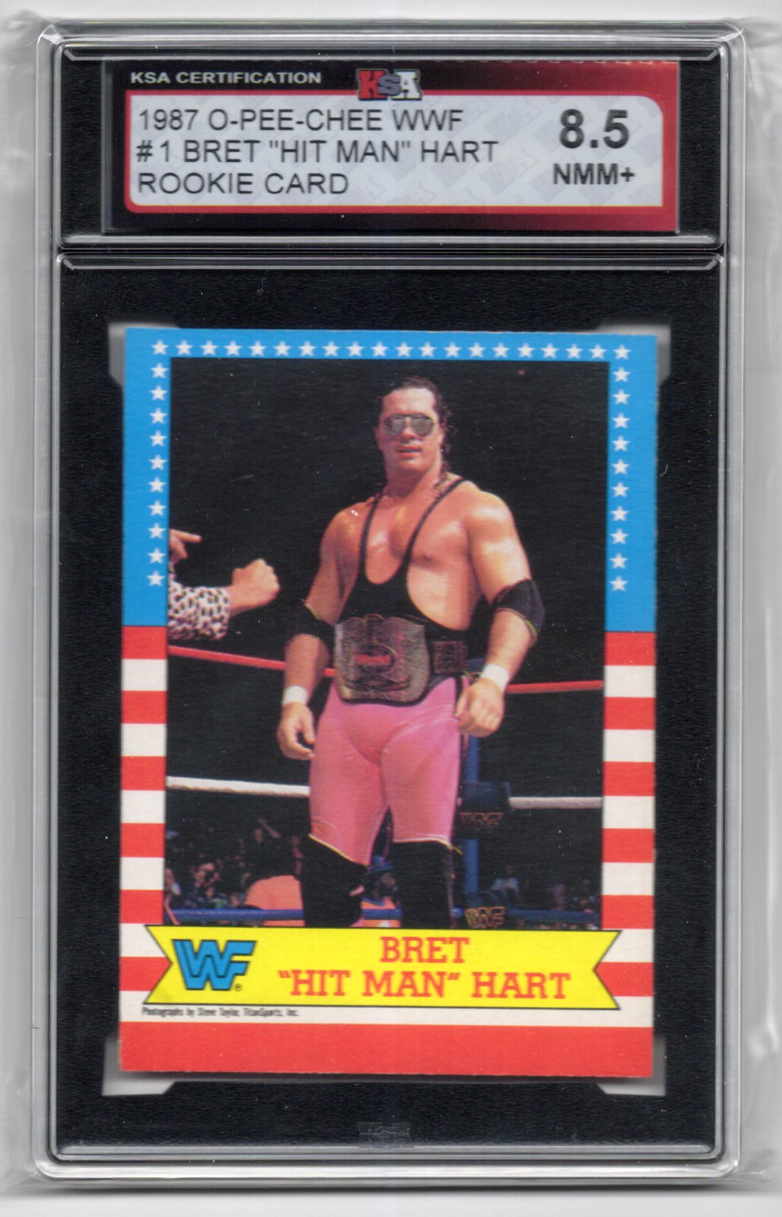 1987 O-Pee-Chee WWF Bret "Hit Man" Hart Wrestling Rookie Card #1 KSA 8.5