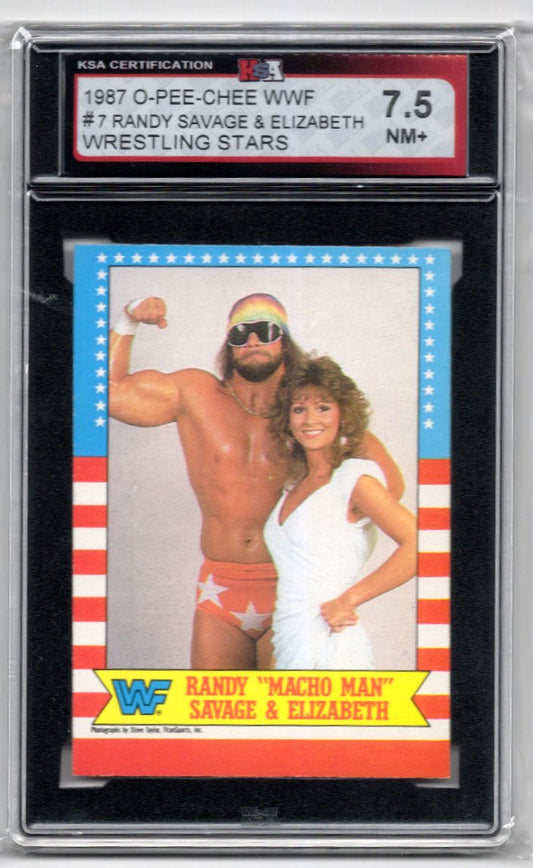 1987 O-Pee-Chee WWF Randy "Macho Man" Savage & Elizabeth Graded Wrestling Card #7 KSA 7.5