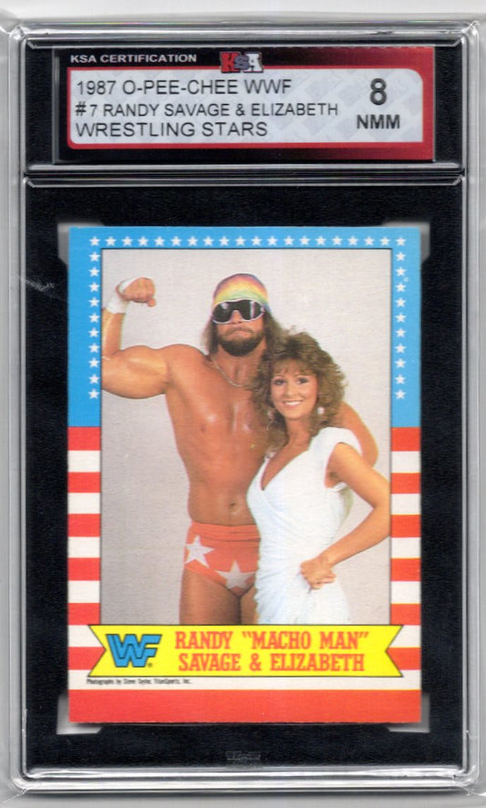 1987 O-Pee-Chee WWF Randy "Macho Man" Savage & Elizabeth Graded Wrestling Card #7 KSA 8.0