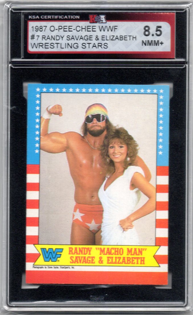 1987 O-Pee-Chee WWF Randy "Macho Man" Savage & Elizabeth Graded Wrestling Card #7 KSA 8.5