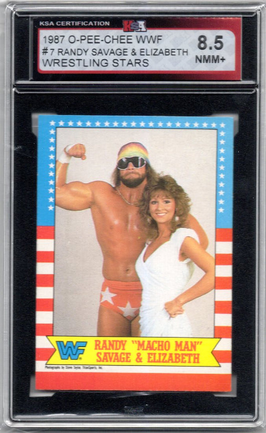 1987 O-Pee-Chee WWF Randy "Macho Man" Savage & Elizabeth Graded Wrestling Card #7 KSA 8.5