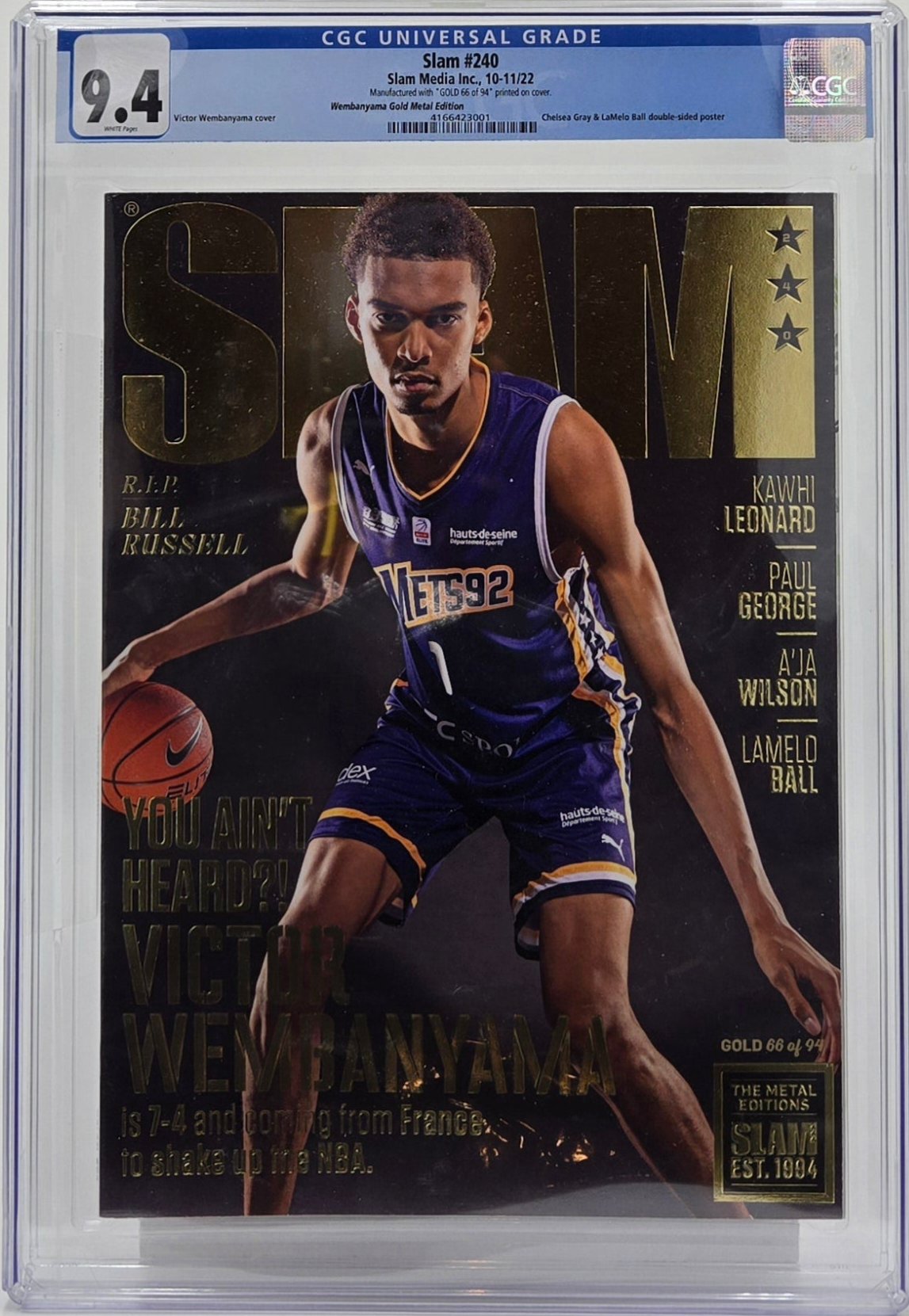 2022 SLAM #240 Magazine Graded CGC 9.4 Victor Wembanyama Rookie Cover Gold Edition Only 94 Made!