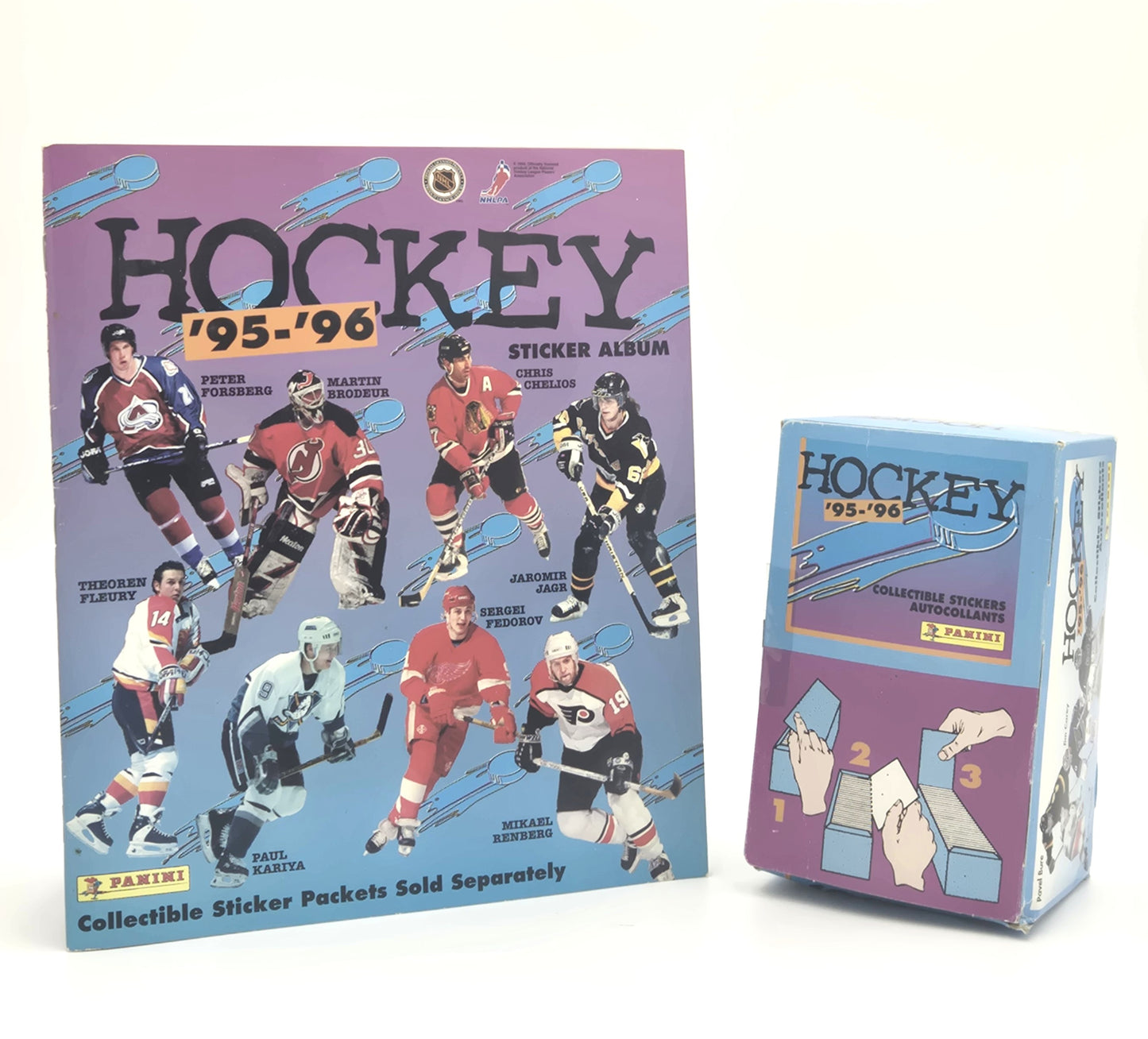 1995/96 Panini NHL Hockey Collectible Sticker Box (100 Packs) & Album Book