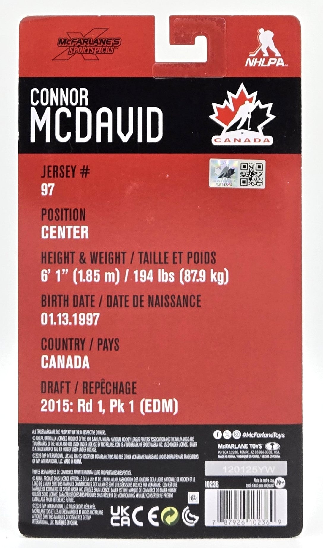 2026 McFarlane's SportsPicks Connor McDavid Olympics Team Canada Articulated Figure 6in