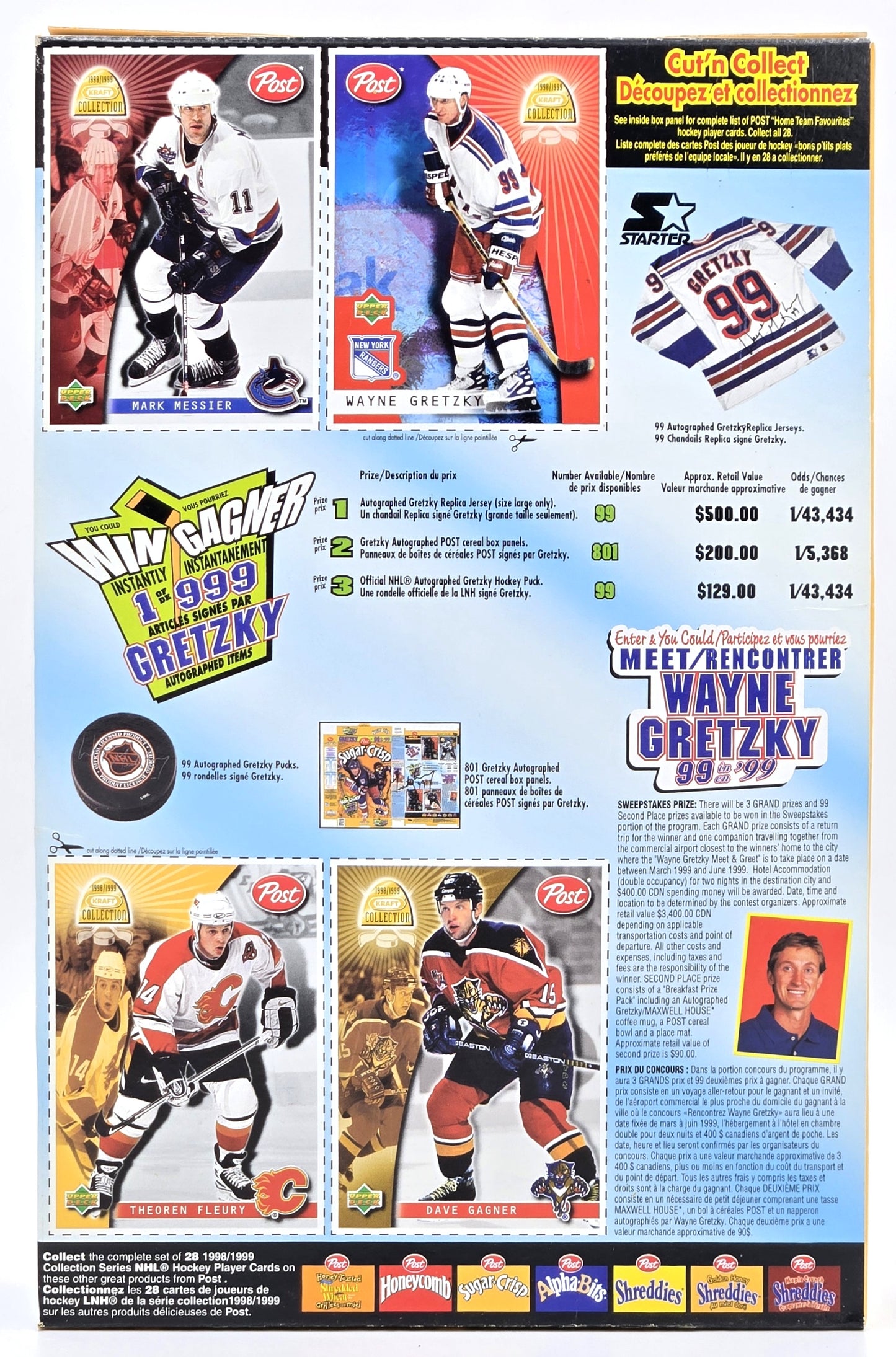 1998 Post Sugar Crisp Cereal Wayne Gretzky New York Rangers 99 in '99 Empty Box Only