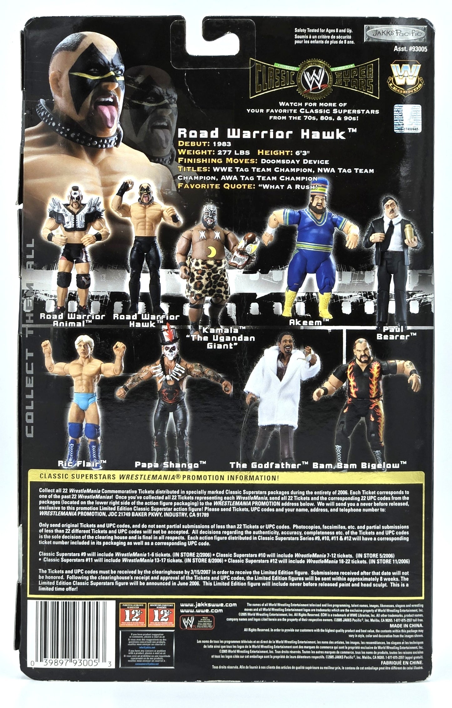 2005 Jakks Pacific WWE Classic Super Stars Road Warrior Hawk Series 9 7in Figure