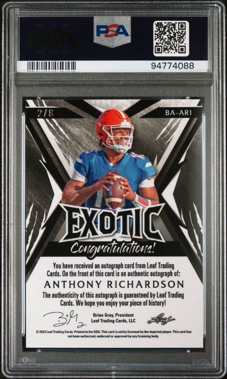 2023 Leaf Exotic Anthony Richardson Graded Rookie Card Autographed PSA 9 Only 8 Made