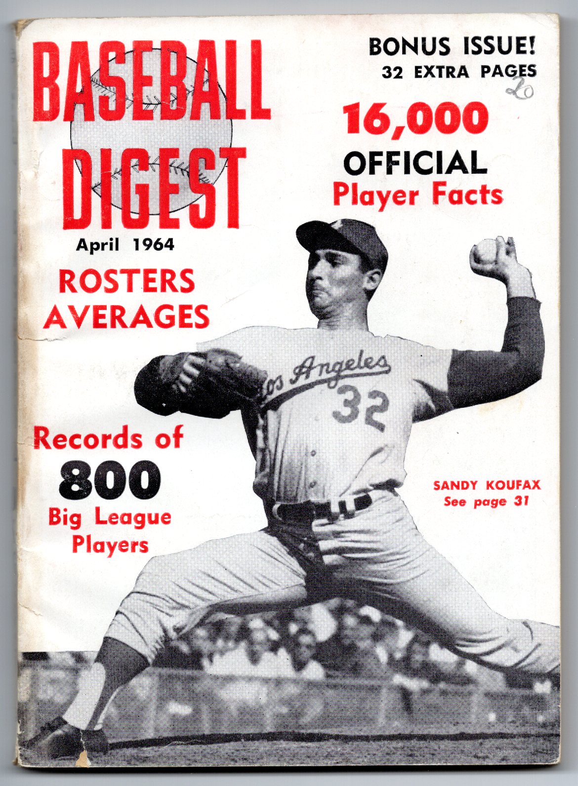Baseball Digest Vintage Magazine (April 1964) Sandy Koufax