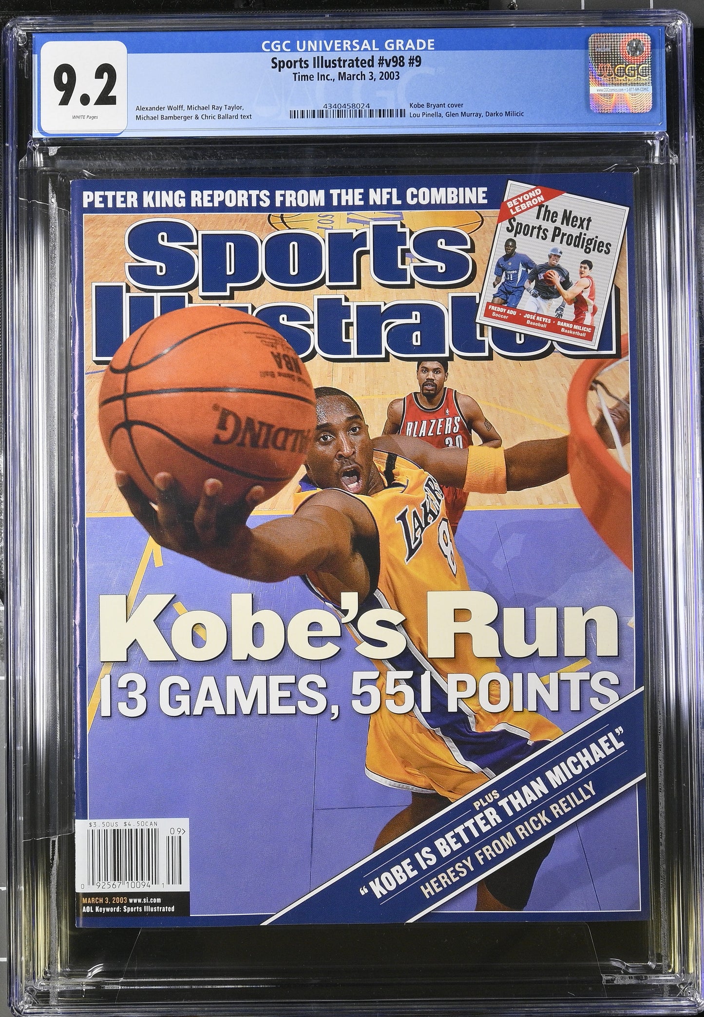 2003 Sports Illustrated Magazine Graded CGC 9.2 Kobe Bryant Newsstand