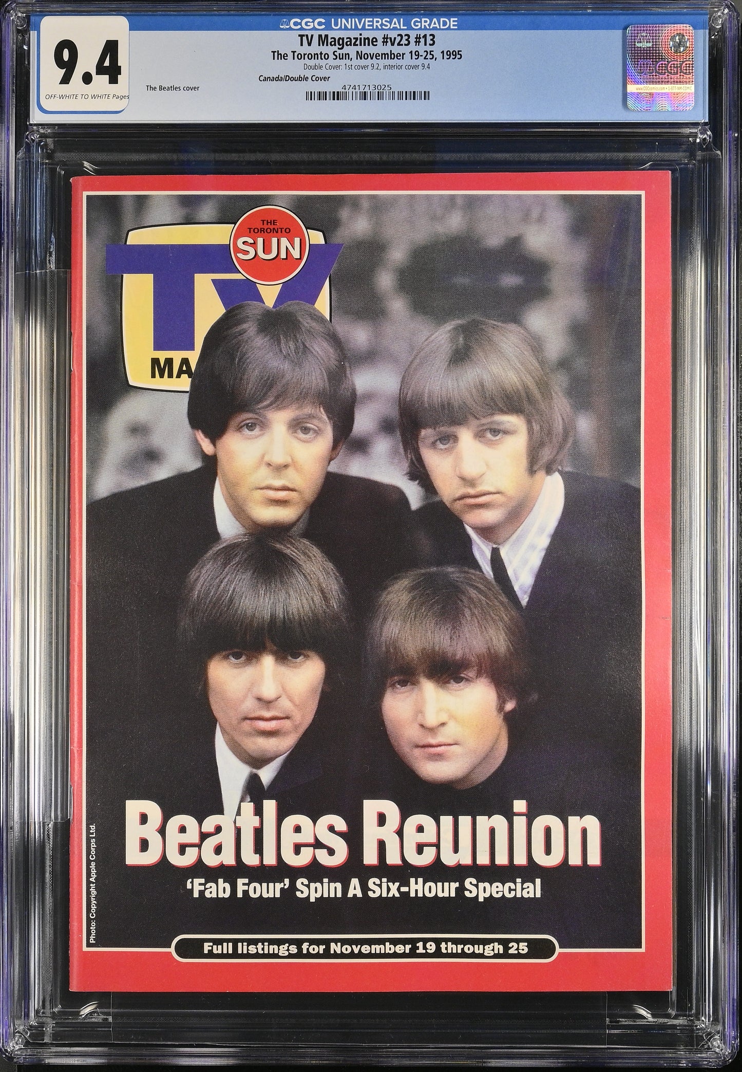 1995 Toronto Sun TV Magazine Guide Graded Magazine CGC 9.4 Newsstand The Beatles Cover Top POP