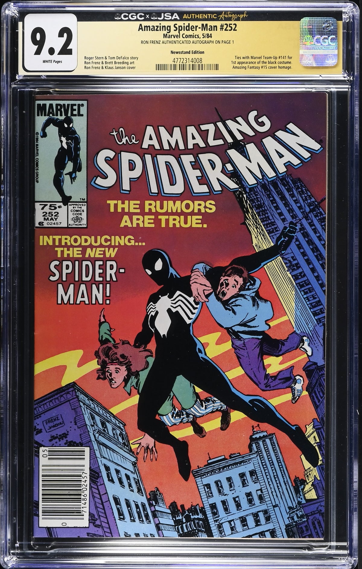 1984 Marvel Amazing Spider-Man #252 Graded Comic Book CGC 9.2 Authentic Ron Frenz Autograph