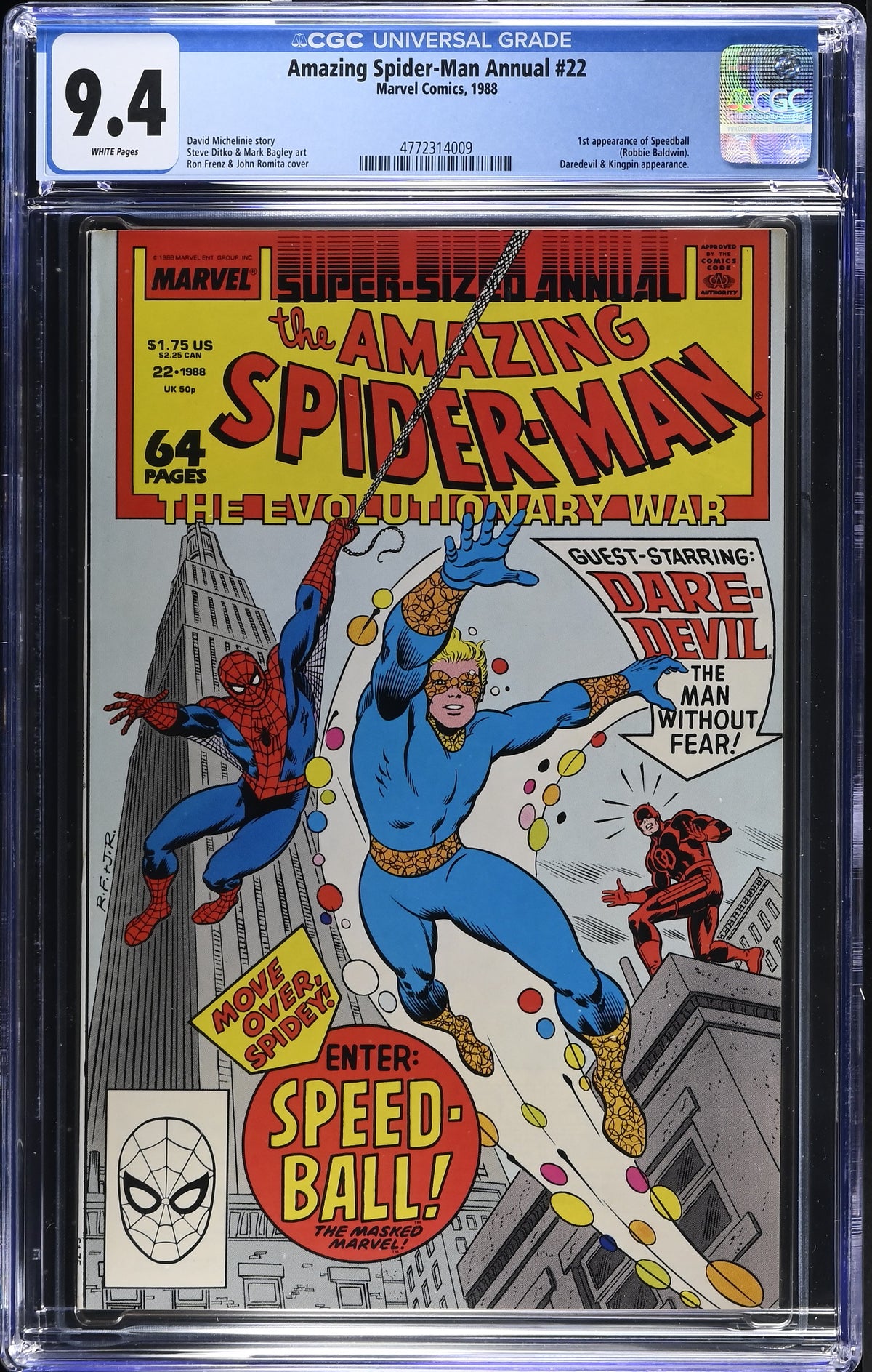 1988 Marvel Amazing Spider-Man Super Sized Annual #22 Graded Comic Book CGC 9.4 1st Appearance of Speedball