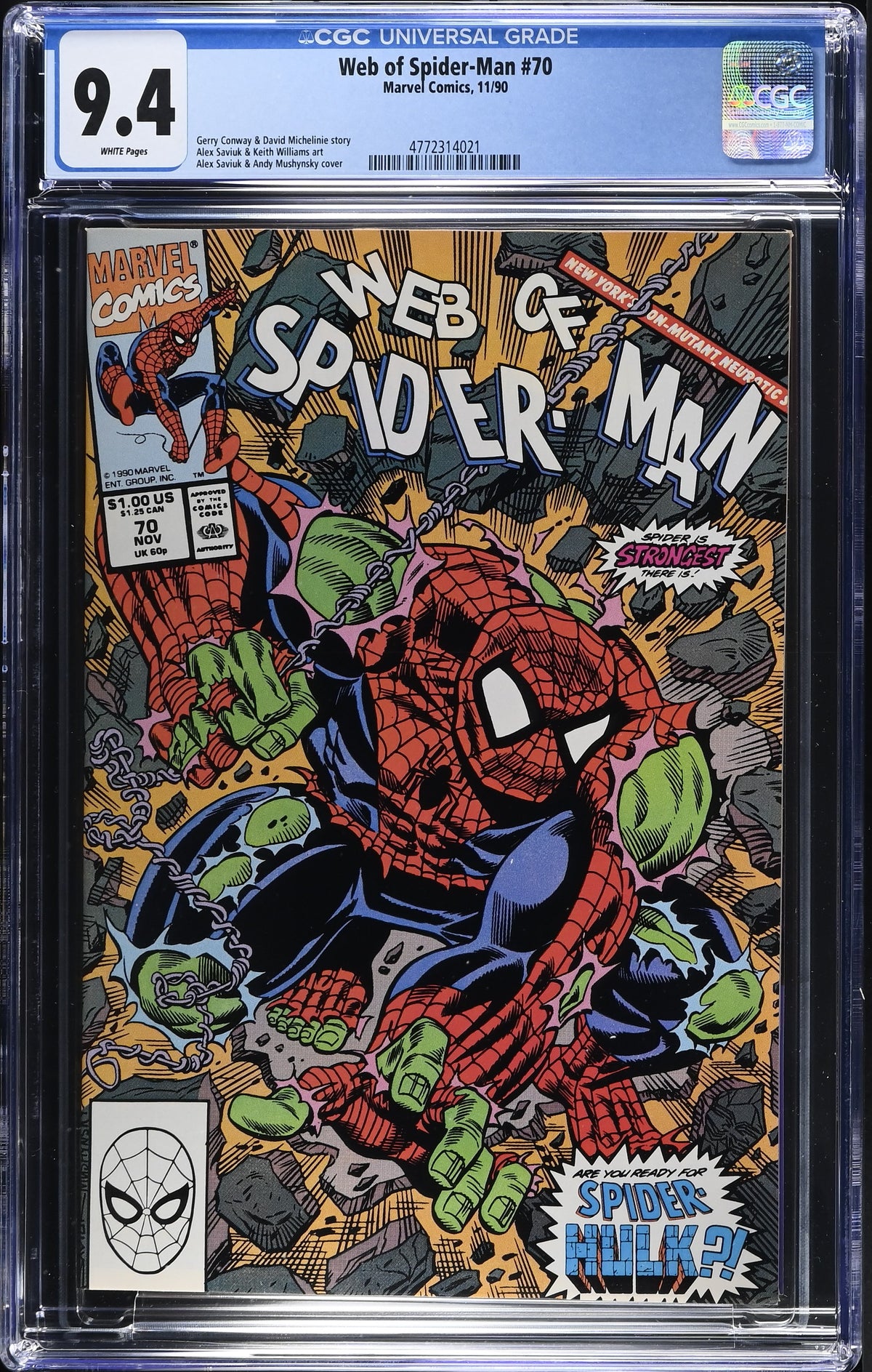 1990 Marvel Web of Spider-Man #70 Graded Comic Book CGC 9.4 Spider-Hulk Cover
