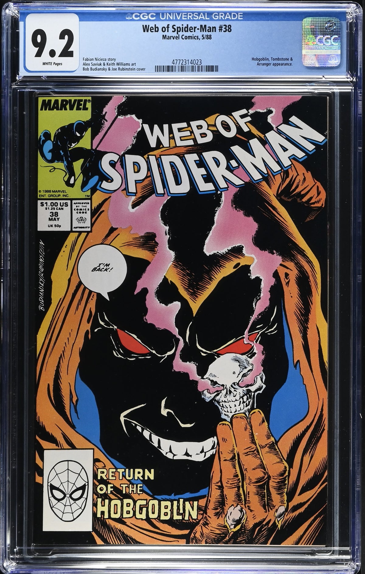 1988 Marvel Web of Spider-Man #38 Graded Comic Book CGC 9.2 Return of the Hobgoblin