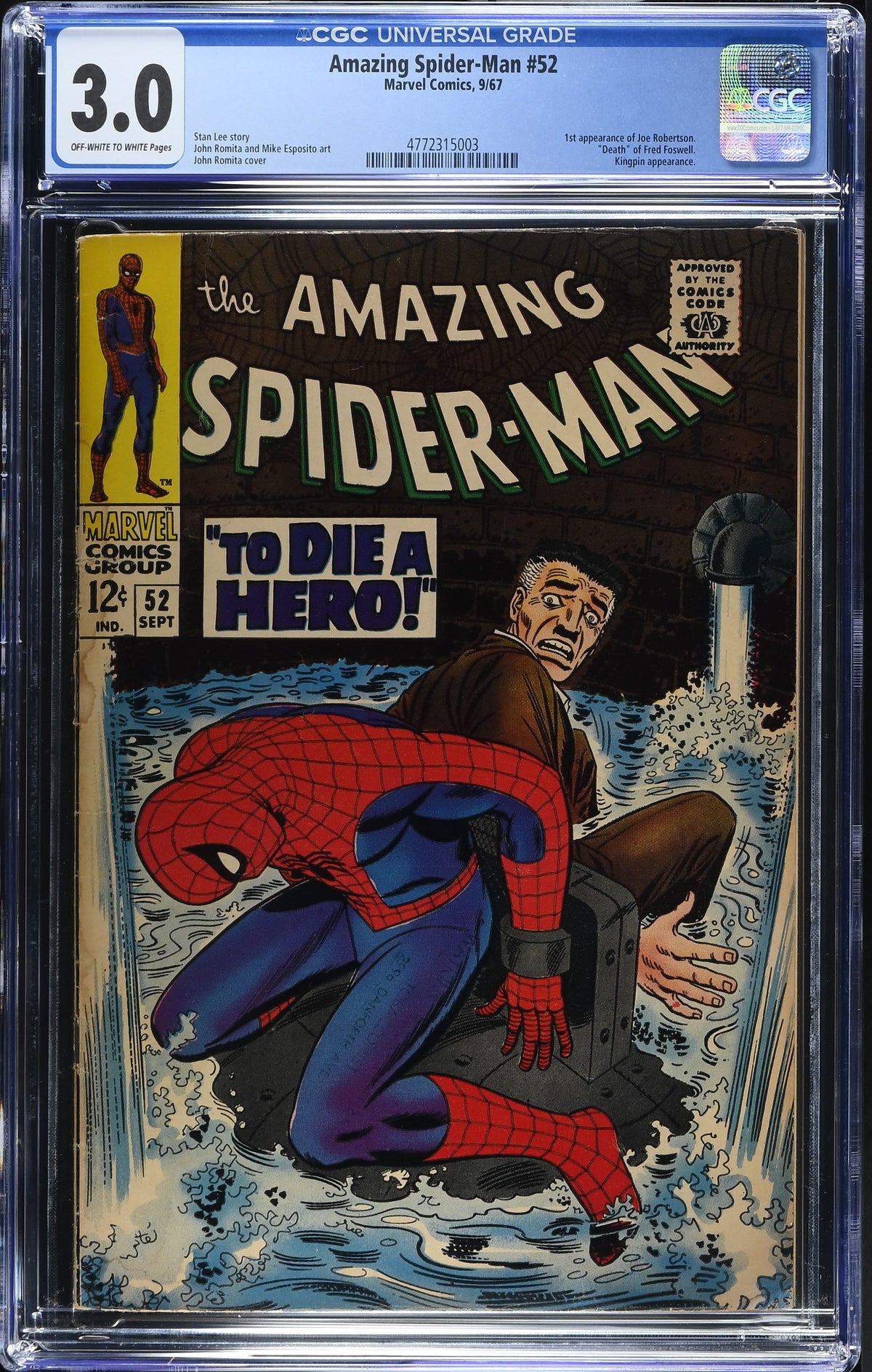 1967 Marvel Amazing Spider-Man #52 Graded Comic Book CGC 3.0 1st Appearance Joe Robertson 3rd Kingpin