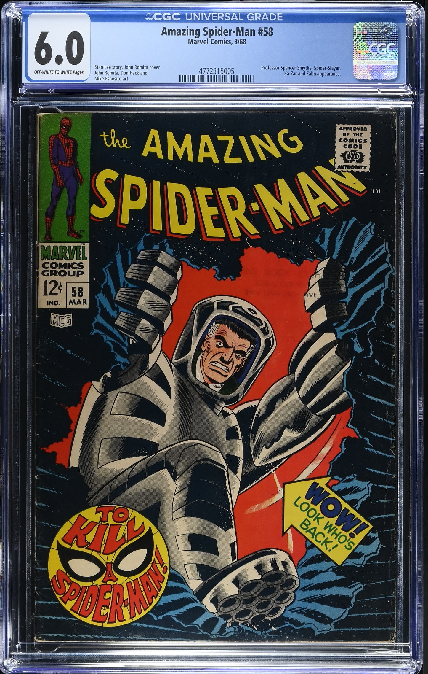 1968 Marvel Amazing Spider-Man #58 Graded Comic Book CGC 6.0 Professor Spencer Smythe Cover
