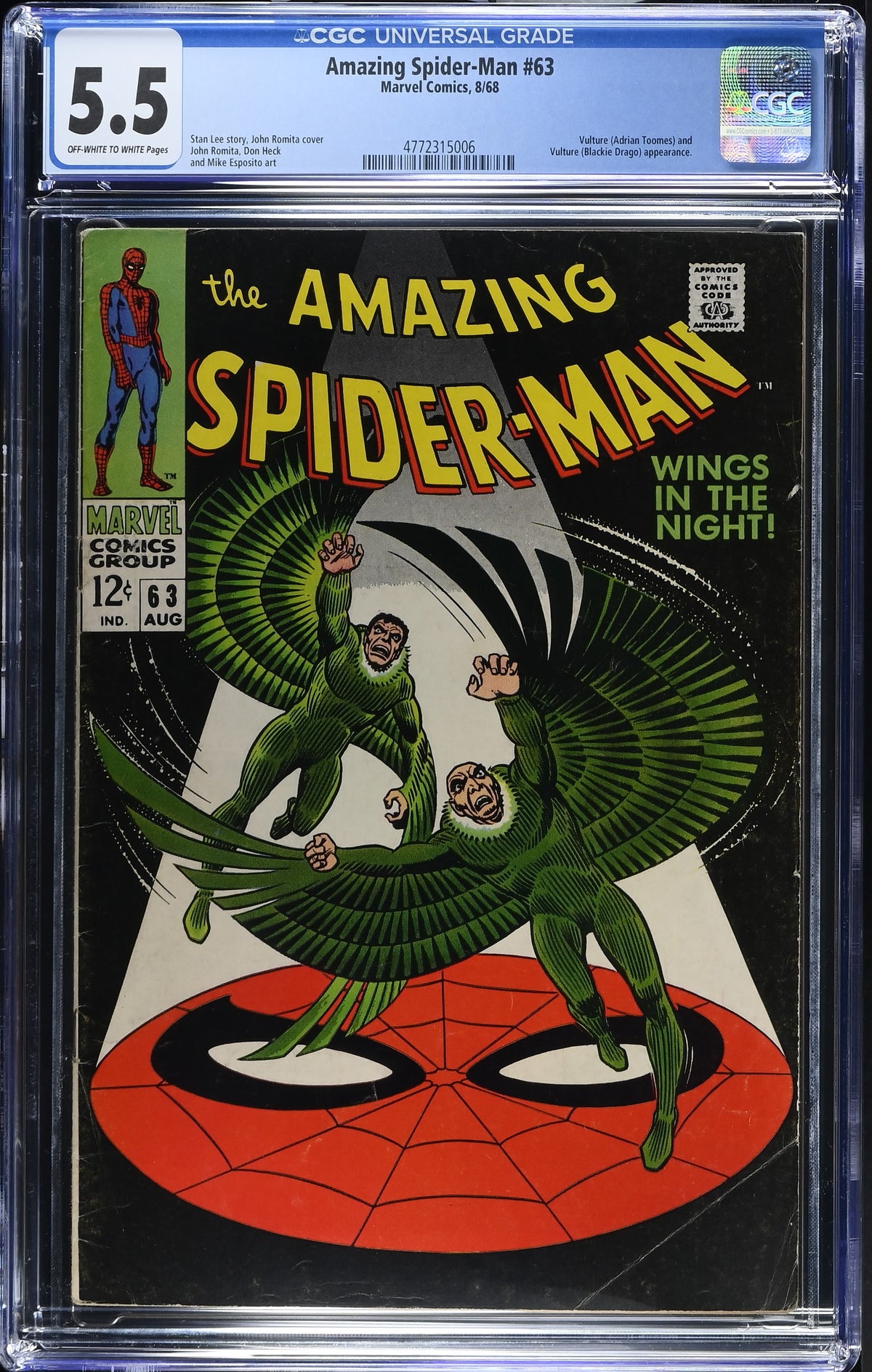 1968 Marvel Amazing Spider-Man #63 Graded Comic Book CGC 5.5 Adrian Toomes & Blackie Drago Cover