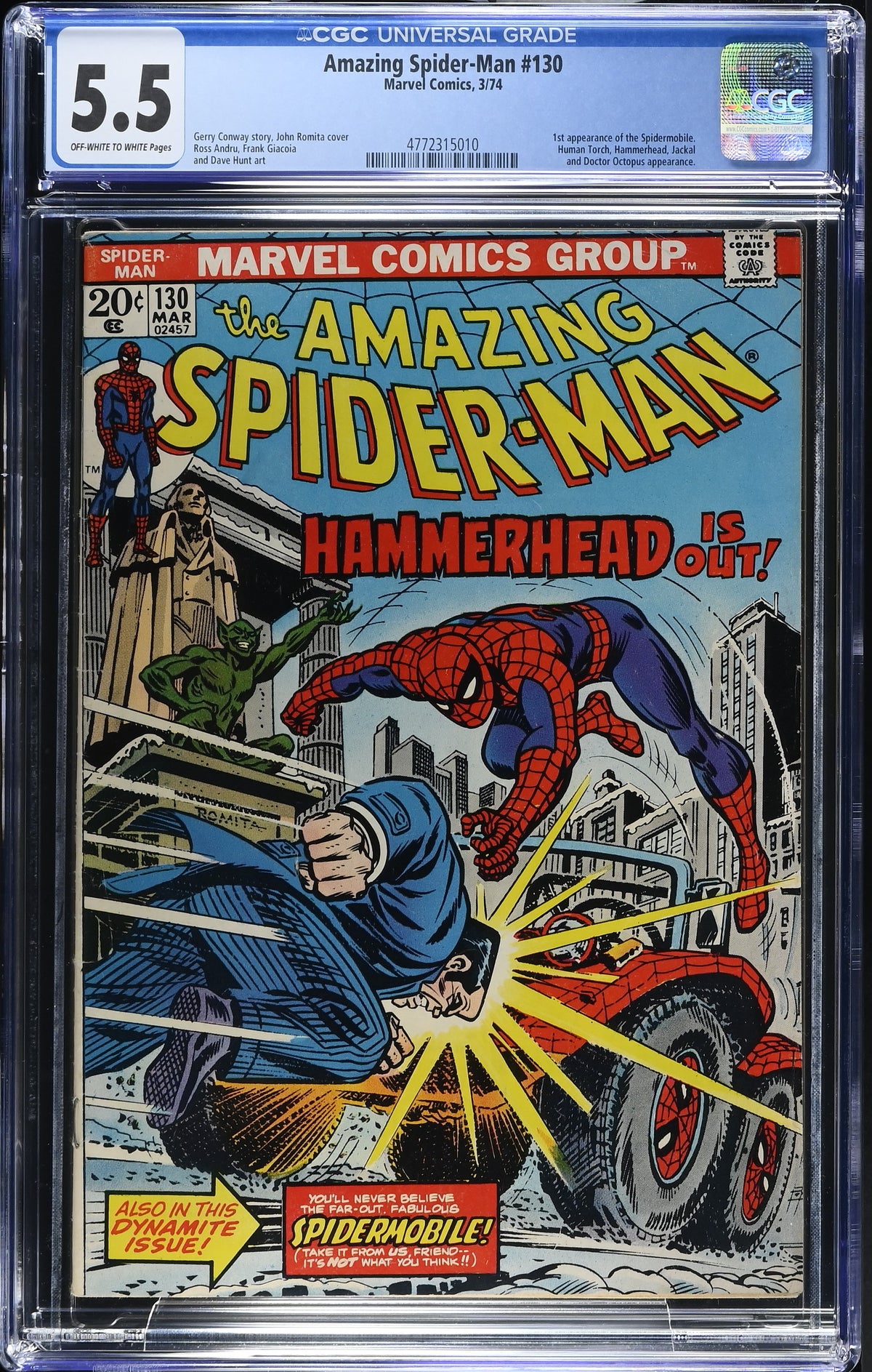 1974 Marvel Amazing Spider-Man #130 Graded Comic Book CGC 5.5 1st Appearance of the Spidermobile