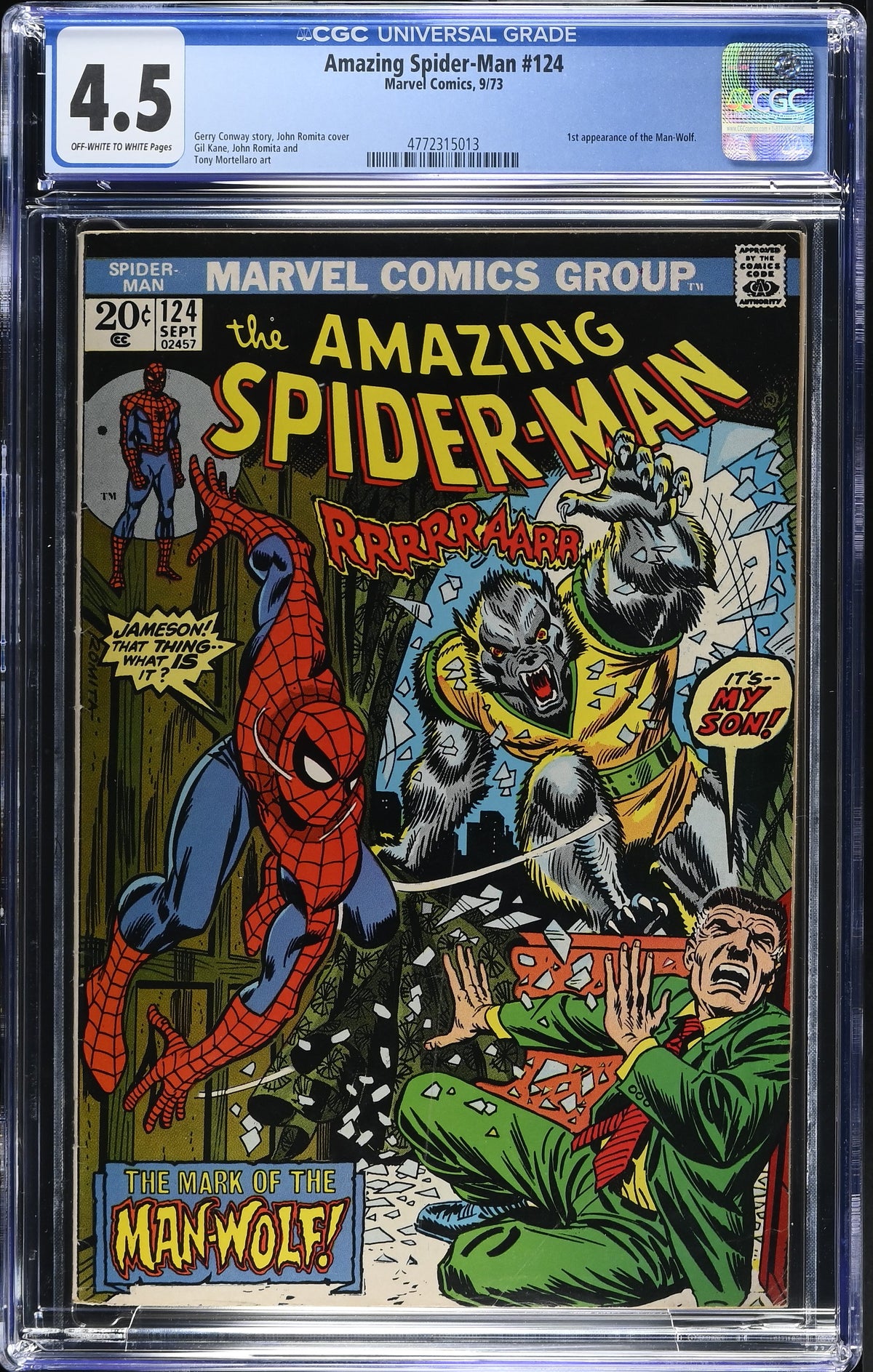 1973 Marvel Amazing Spider-Man #124 Graded Comic Book CGC 4.5 1st Appearance Man-Wolf