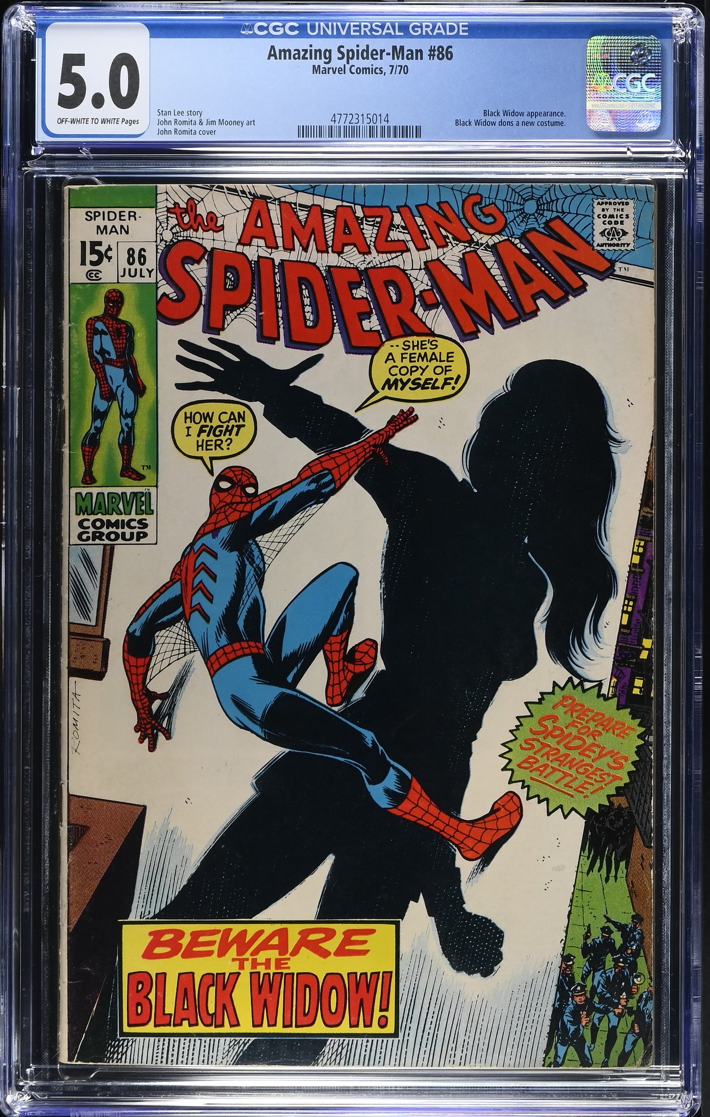 1970 Marvel Amazing Spider-Man #86 Graded Comic Book CGC 5.0 Black Widow Cover