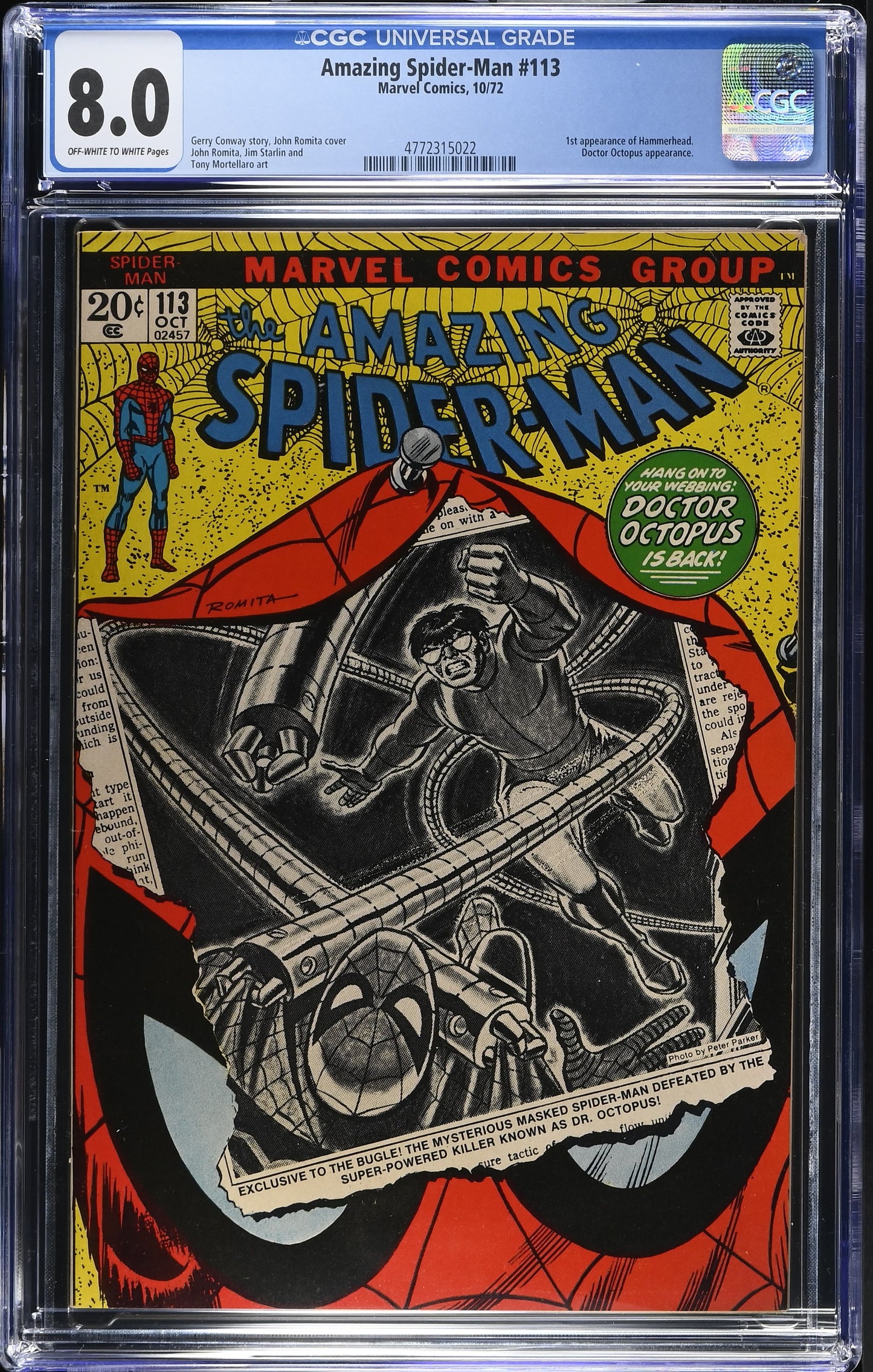 1972 Marvel Amazing Spider-Man #113 Graded Comic Book CGC 8.0 1st Appearance Hammerhead