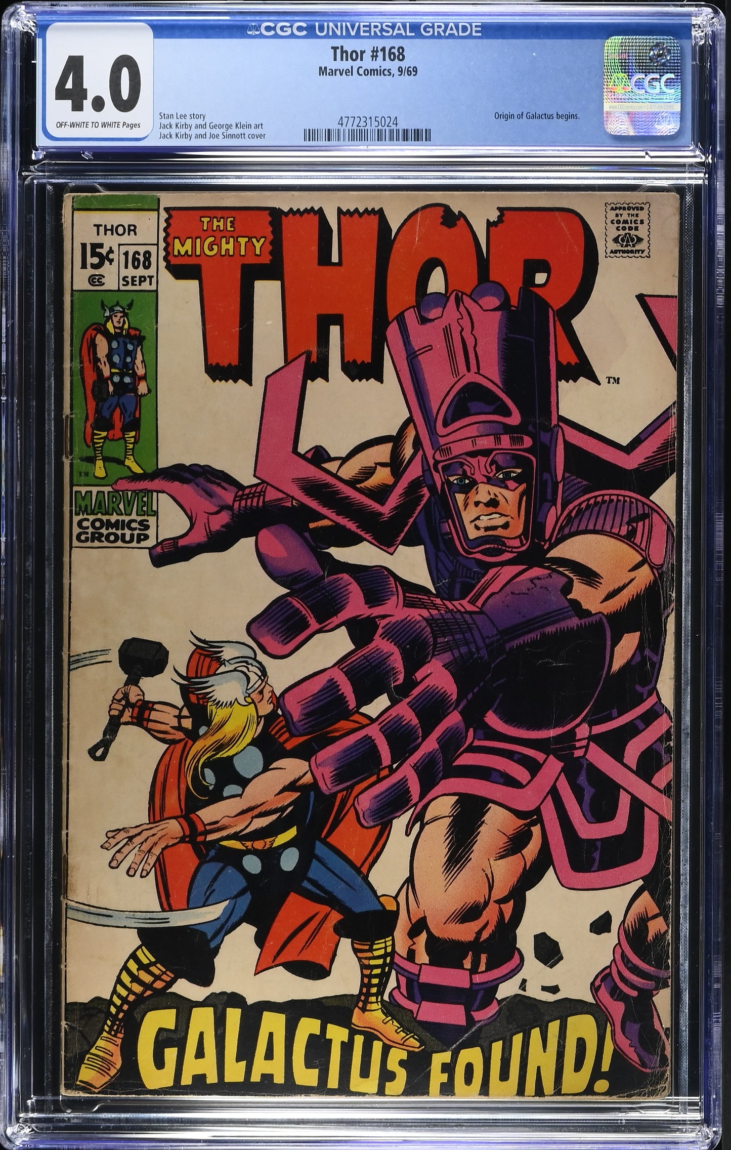 1969 Marvel Thor #168 Graded Comic Book CGC 4.0 Origin of Galactus